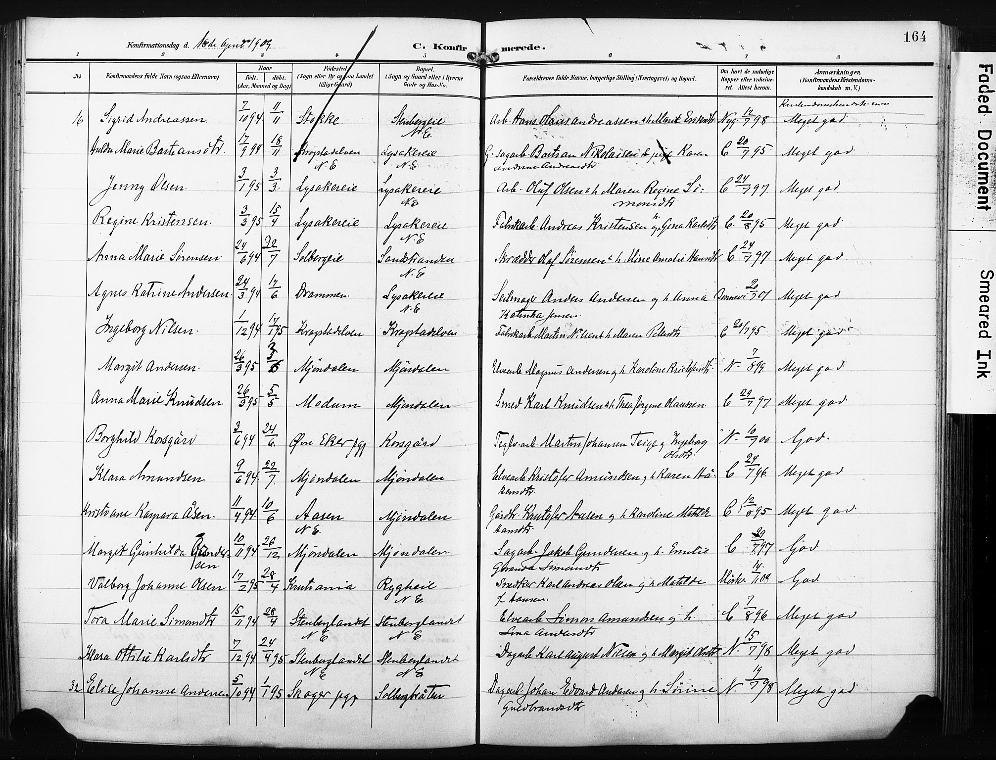 Nedre Eiker kirkebøker, SAKO/A-612/F/Fa/L0006: Parish register (official) no. 6, 1906-1912, p. 164