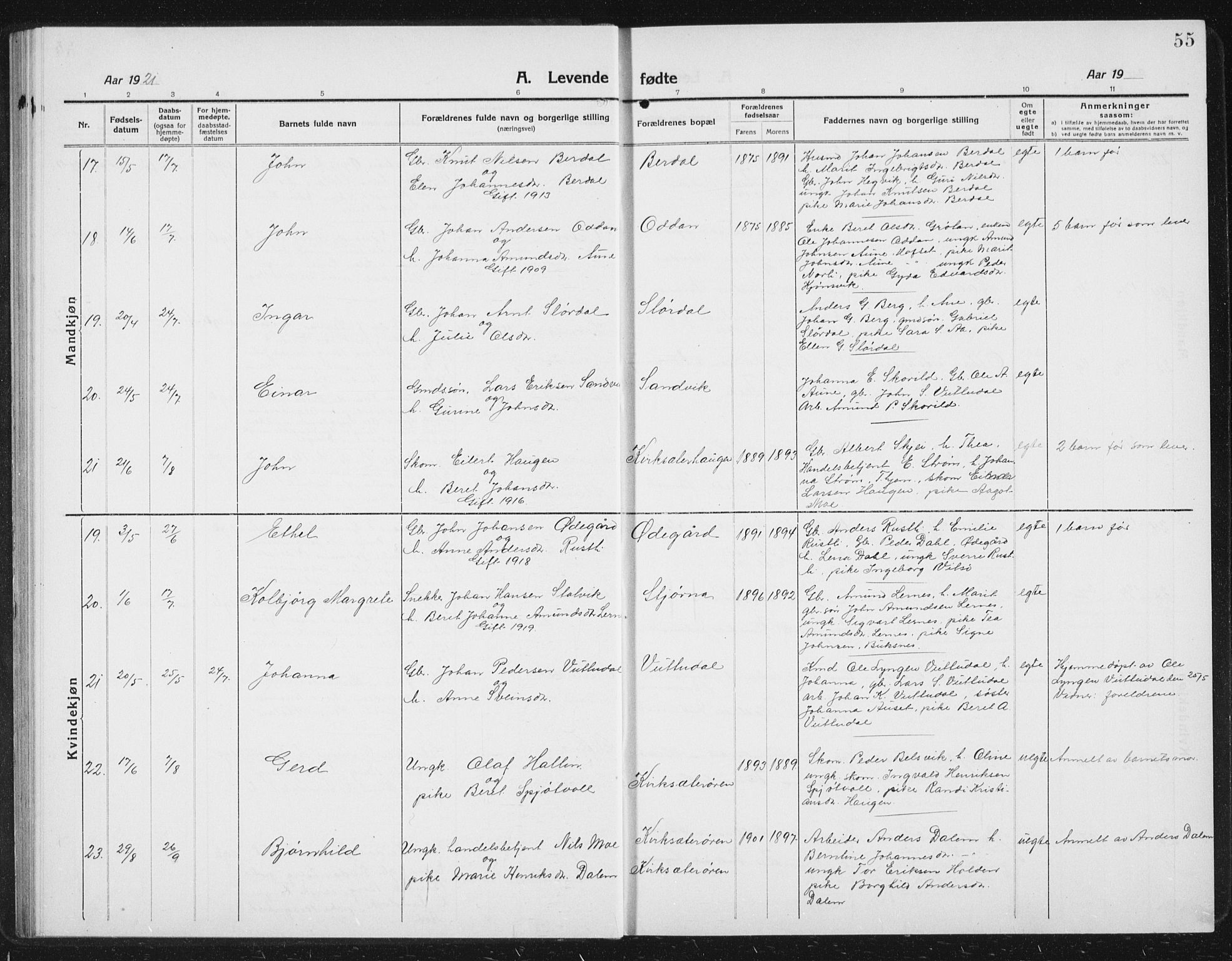 Ministerialprotokoller, klokkerbøker og fødselsregistre - Sør-Trøndelag, AV/SAT-A-1456/630/L0506: Parish register (copy) no. 630C04, 1914-1933, p. 55