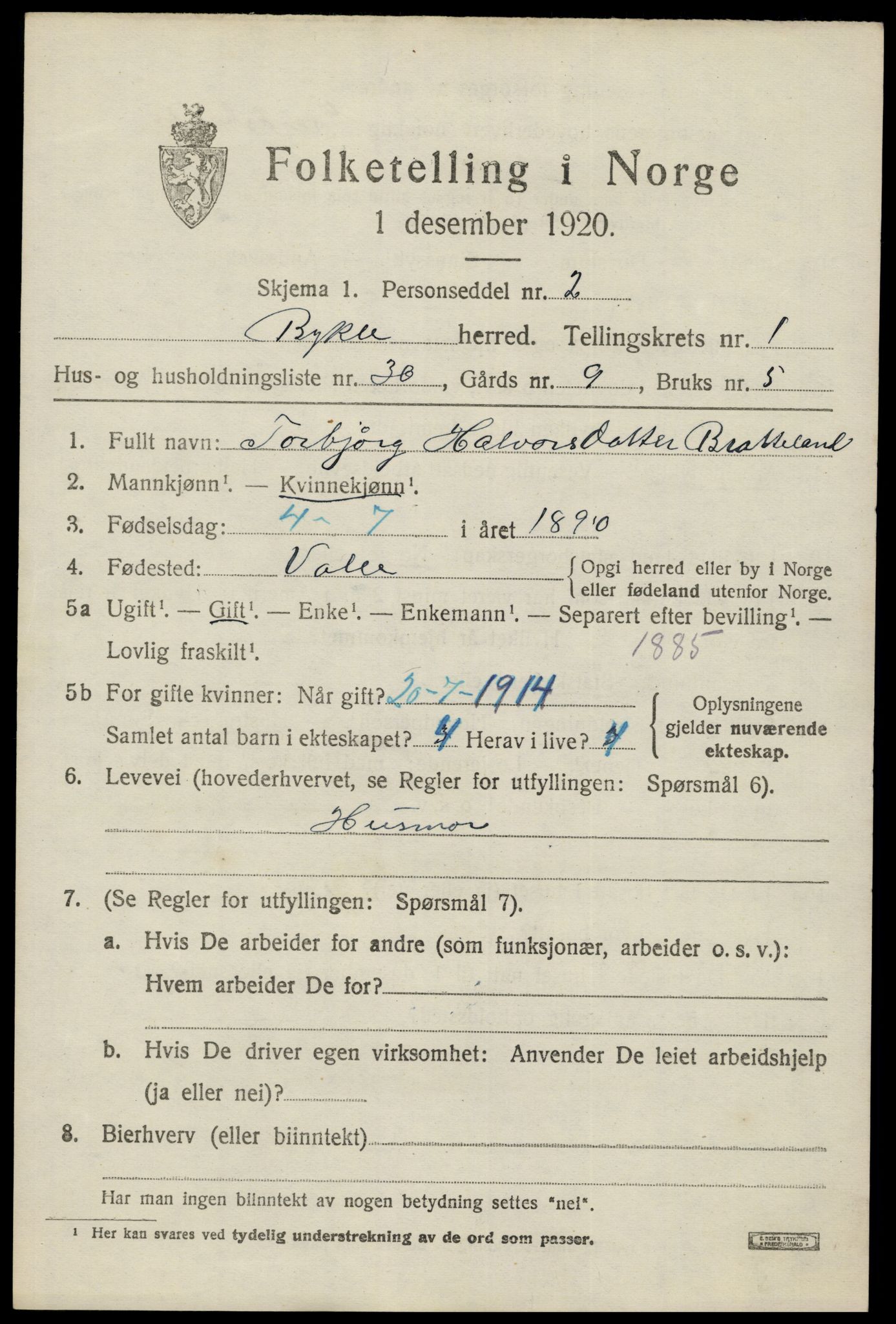 SAK, 1920 census for Bykle, 1920, p. 585