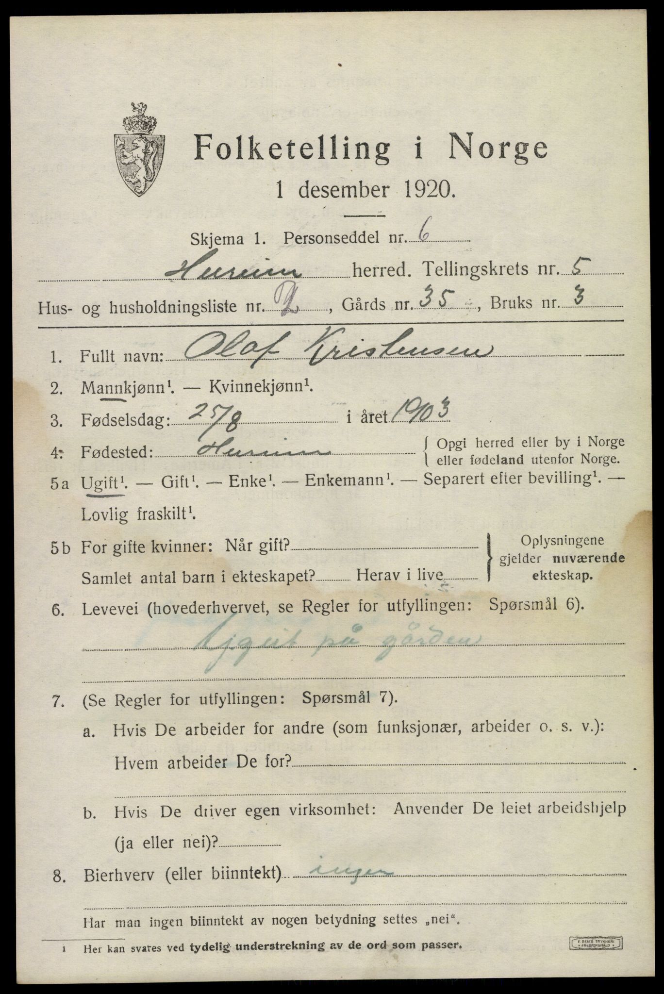 SAKO, 1920 census for Hurum, 1920, p. 6122