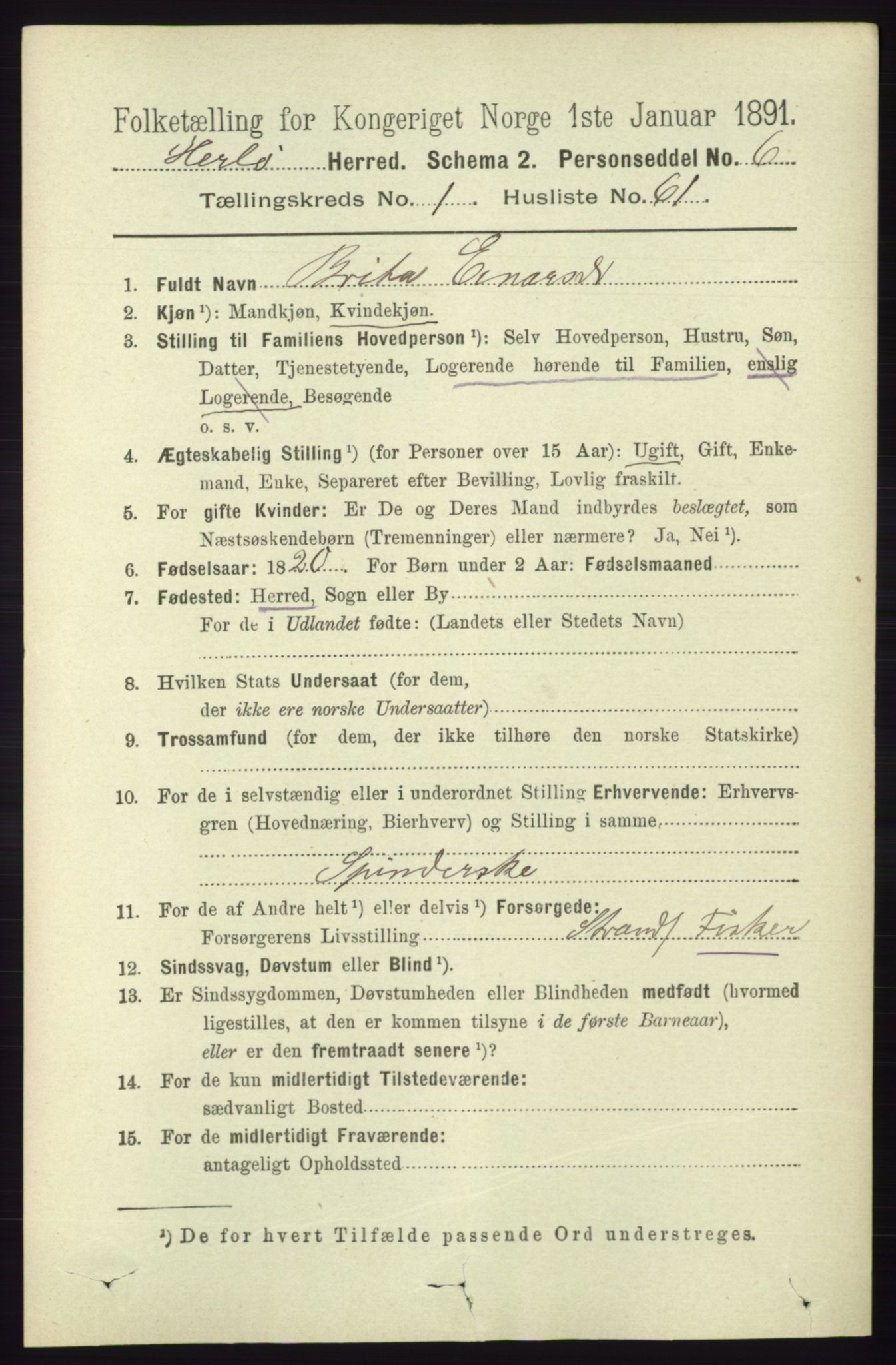 RA, 1891 census for 1258 Herdla, 1891, p. 455