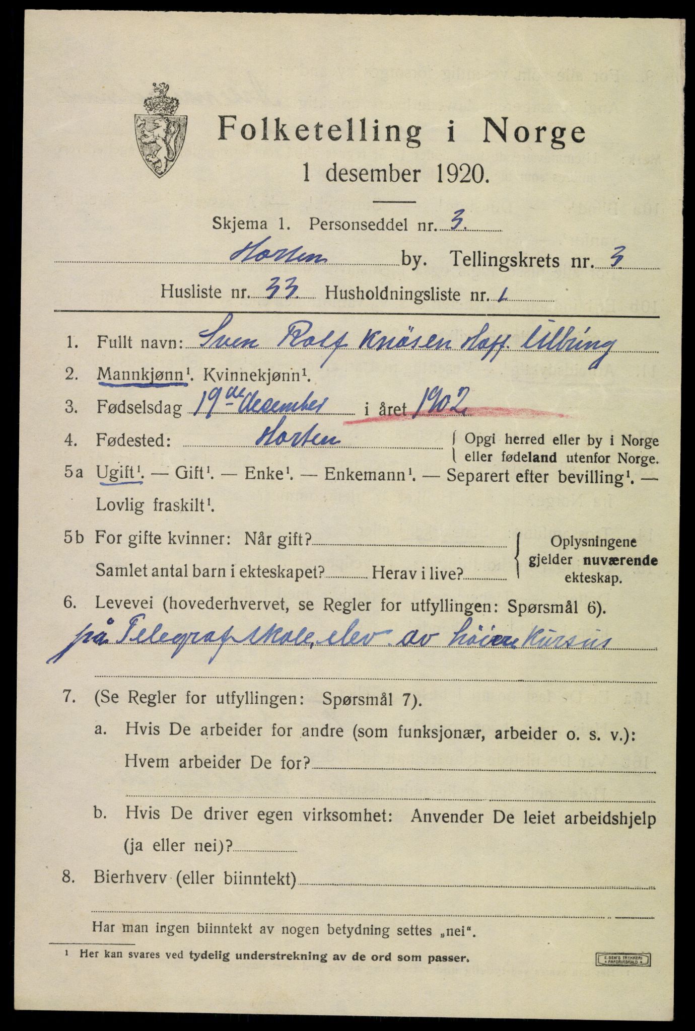 SAKO, 1920 census for Horten, 1920, p. 13983