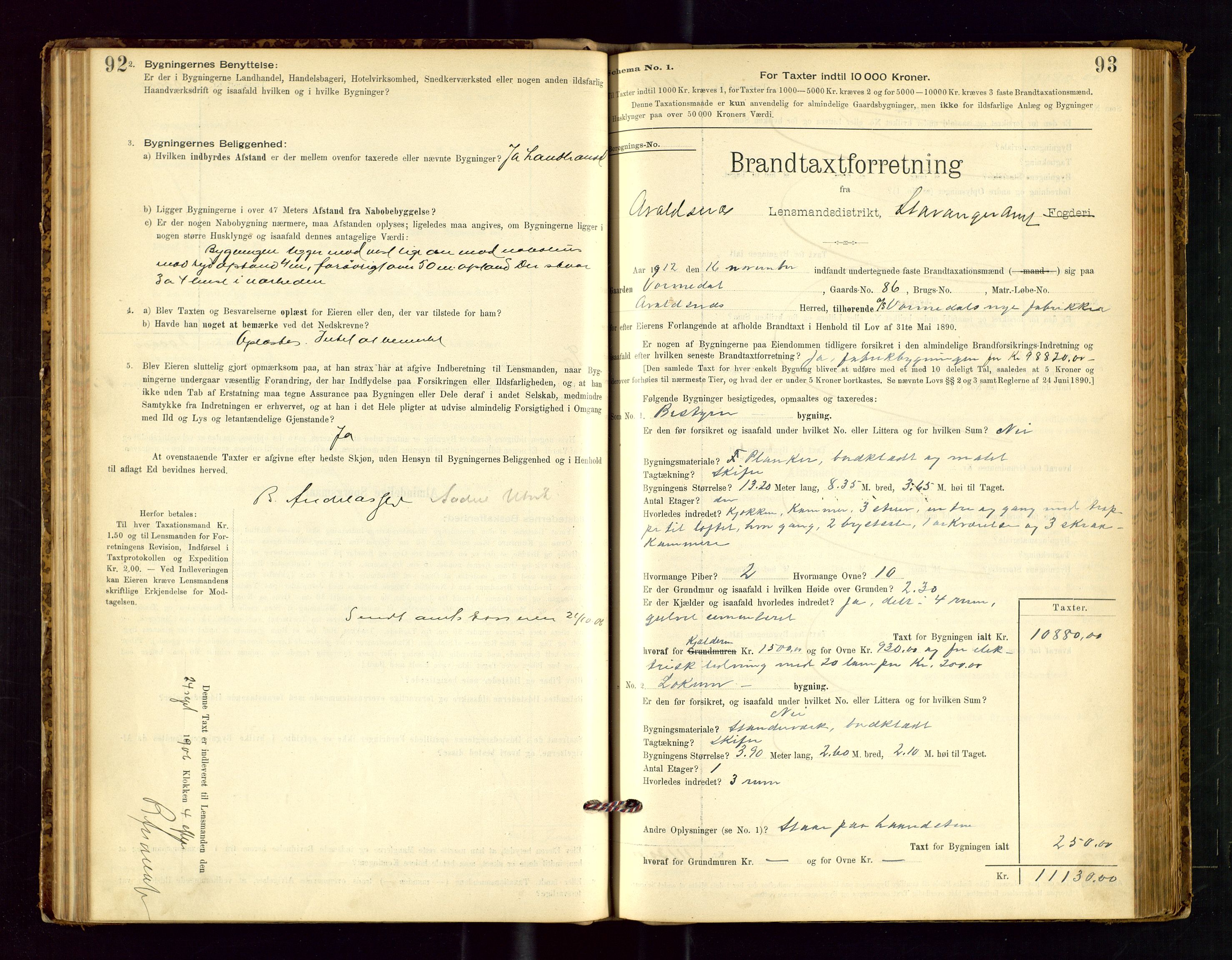 Avaldsnes lensmannskontor, AV/SAST-A-100286/Gob/L0001: "Brandtaxationsprotokol for Avaldsnes Lensmandsdistrikt Ryfylke Fogderi", 1894-1925, p. 92-93