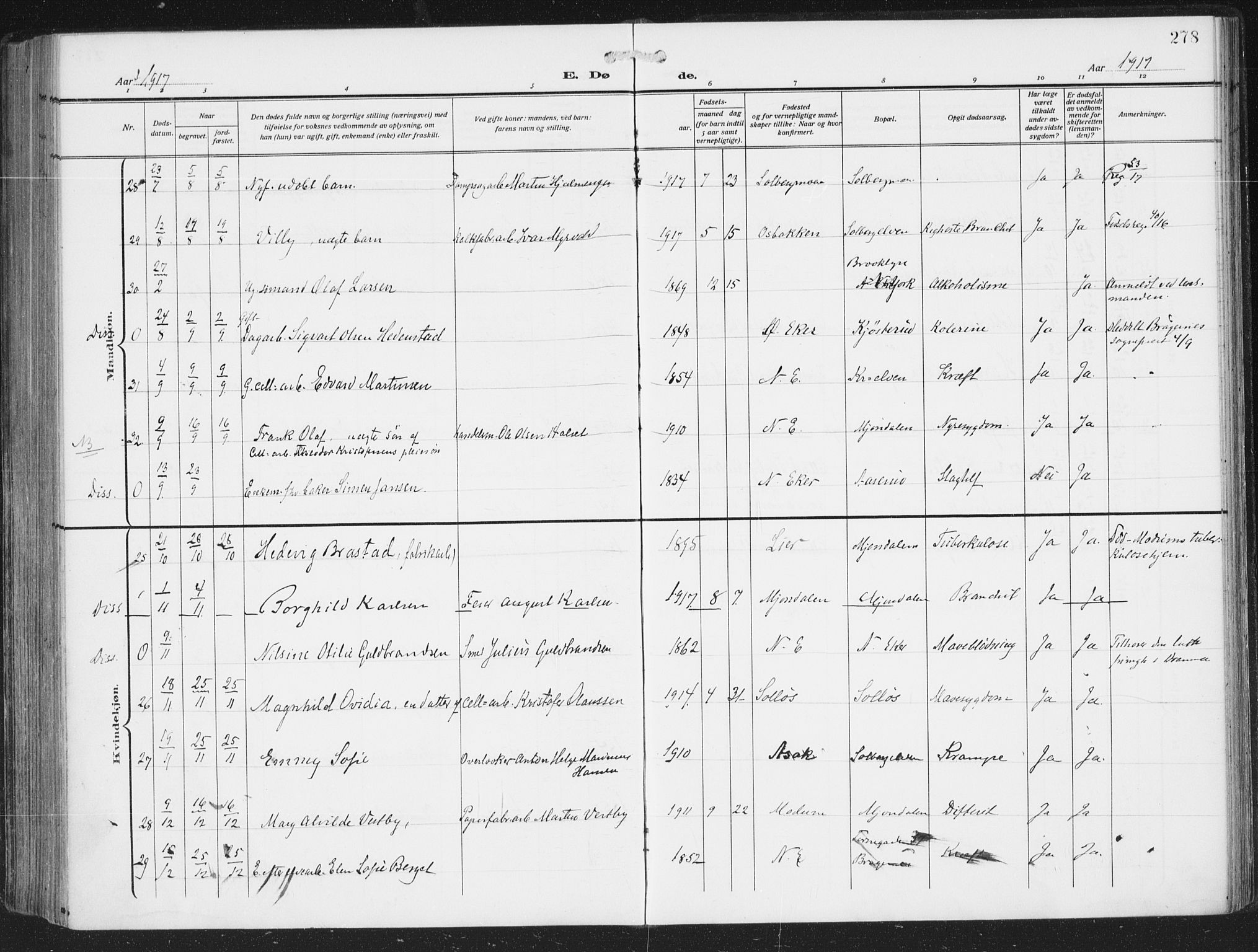 Nedre Eiker kirkebøker, AV/SAKO-A-612/F/Fa/L0007: Parish register (official) no. 7, 1912-1918, p. 278