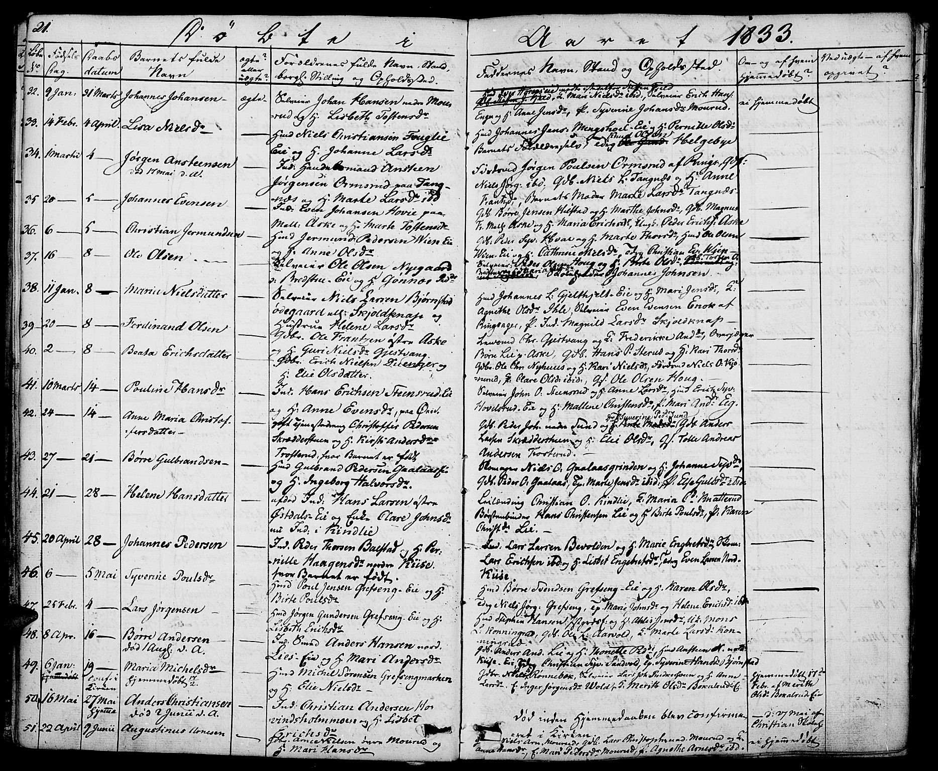 Nes prestekontor, Hedmark, SAH/PREST-020/K/Ka/L0003: Parish register (official) no. 3, 1827-1851, p. 21