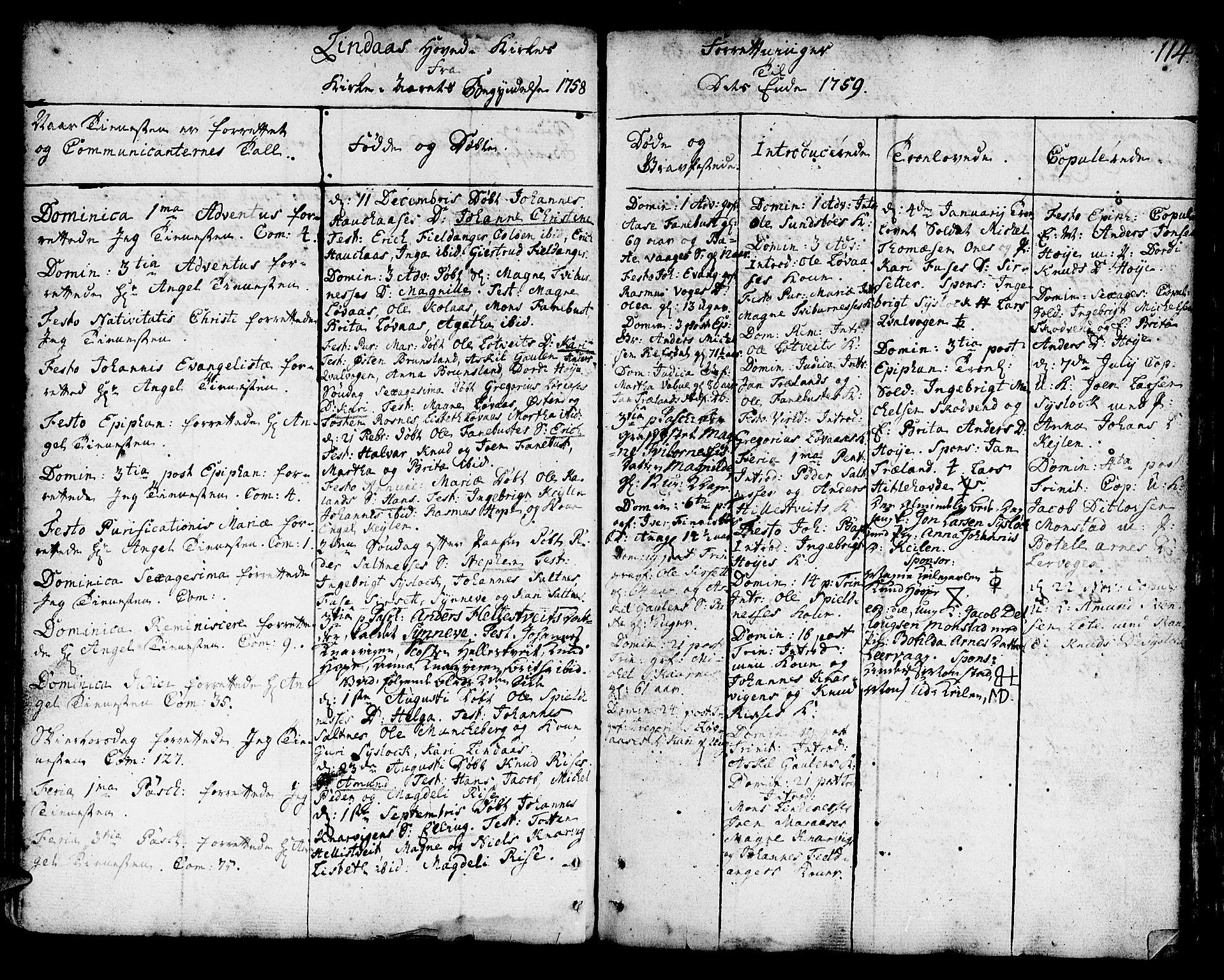 Lindås Sokneprestembete, SAB/A-76701/H/Haa: Parish register (official) no. A 3, 1748-1764, p. 114