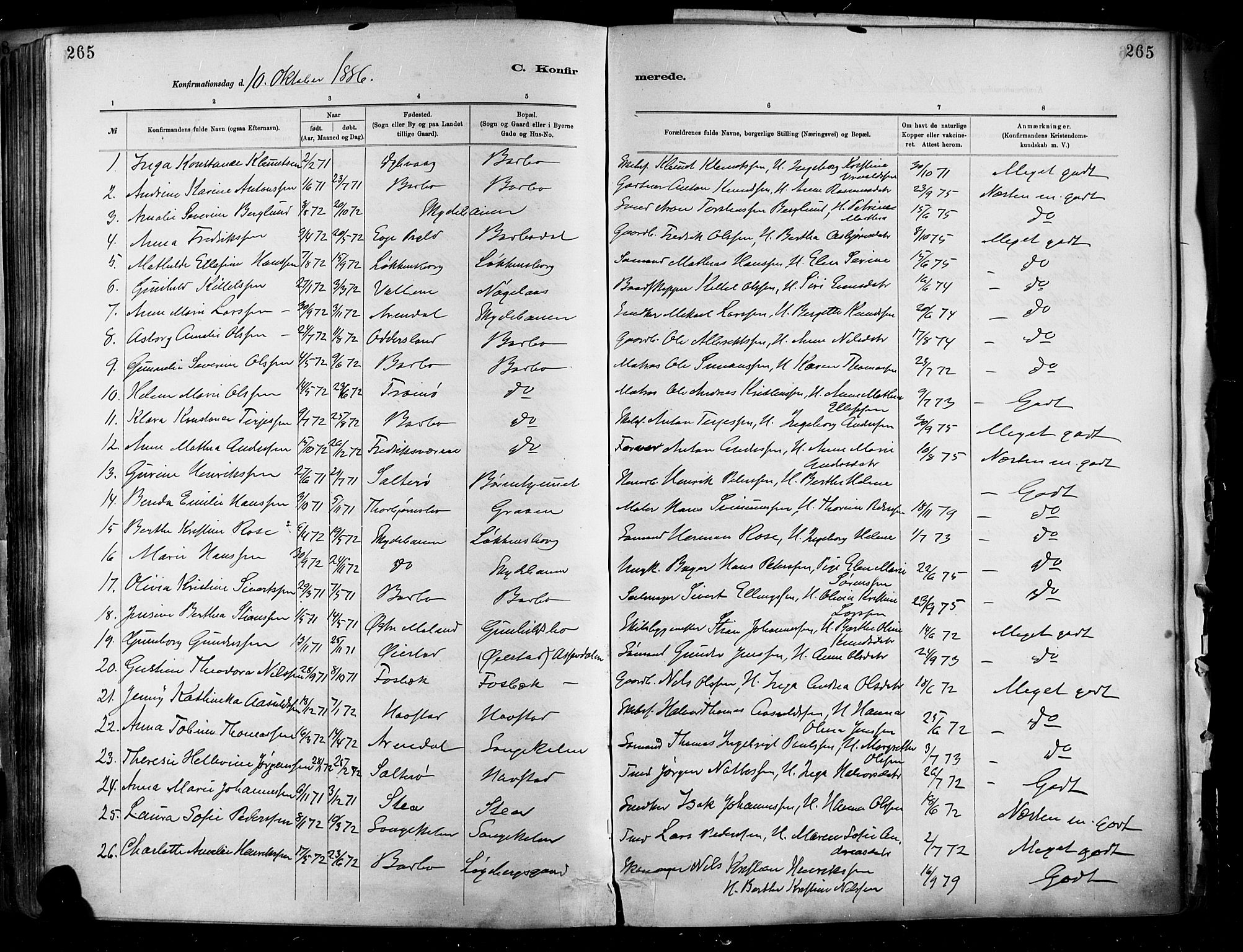 Barbu sokneprestkontor, AV/SAK-1111-0003/F/Fa/L0002: Parish register (official) no. A 2, 1883-1898, p. 265