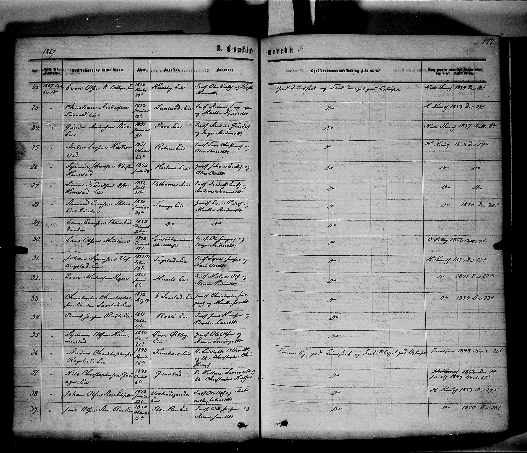 Stange prestekontor, AV/SAH-PREST-002/K/L0013: Parish register (official) no. 13, 1862-1879, p. 177