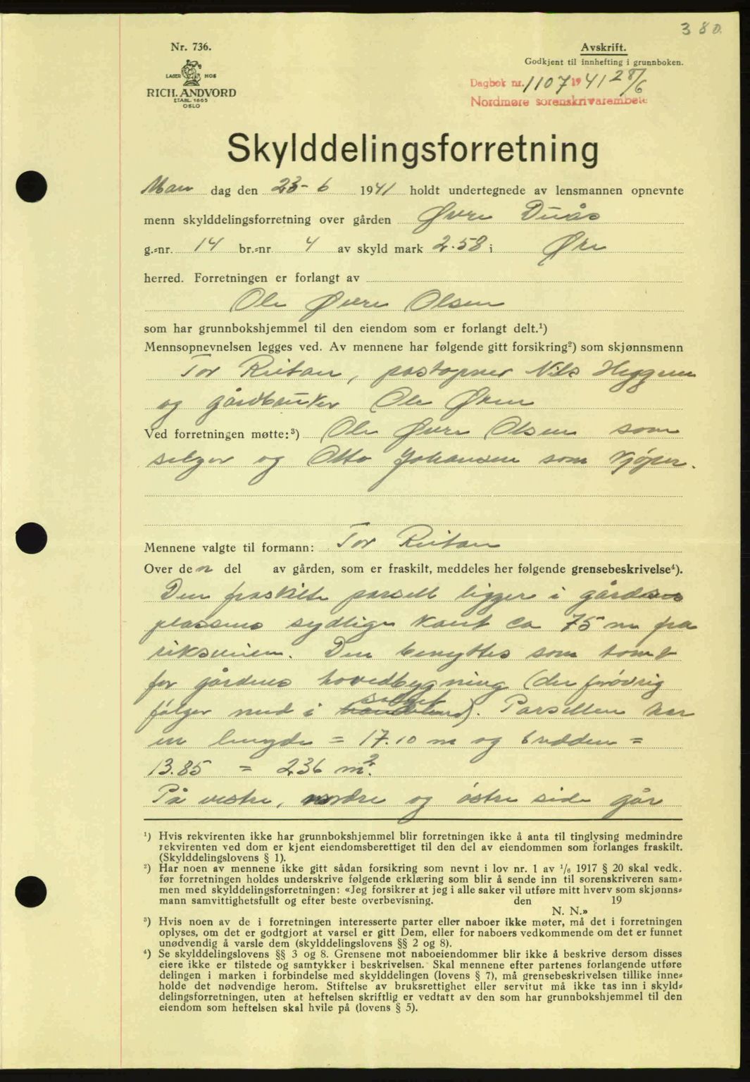 Nordmøre sorenskriveri, SAT/A-4132/1/2/2Ca: Mortgage book no. A90, 1941-1941, Diary no: : 1107/1941