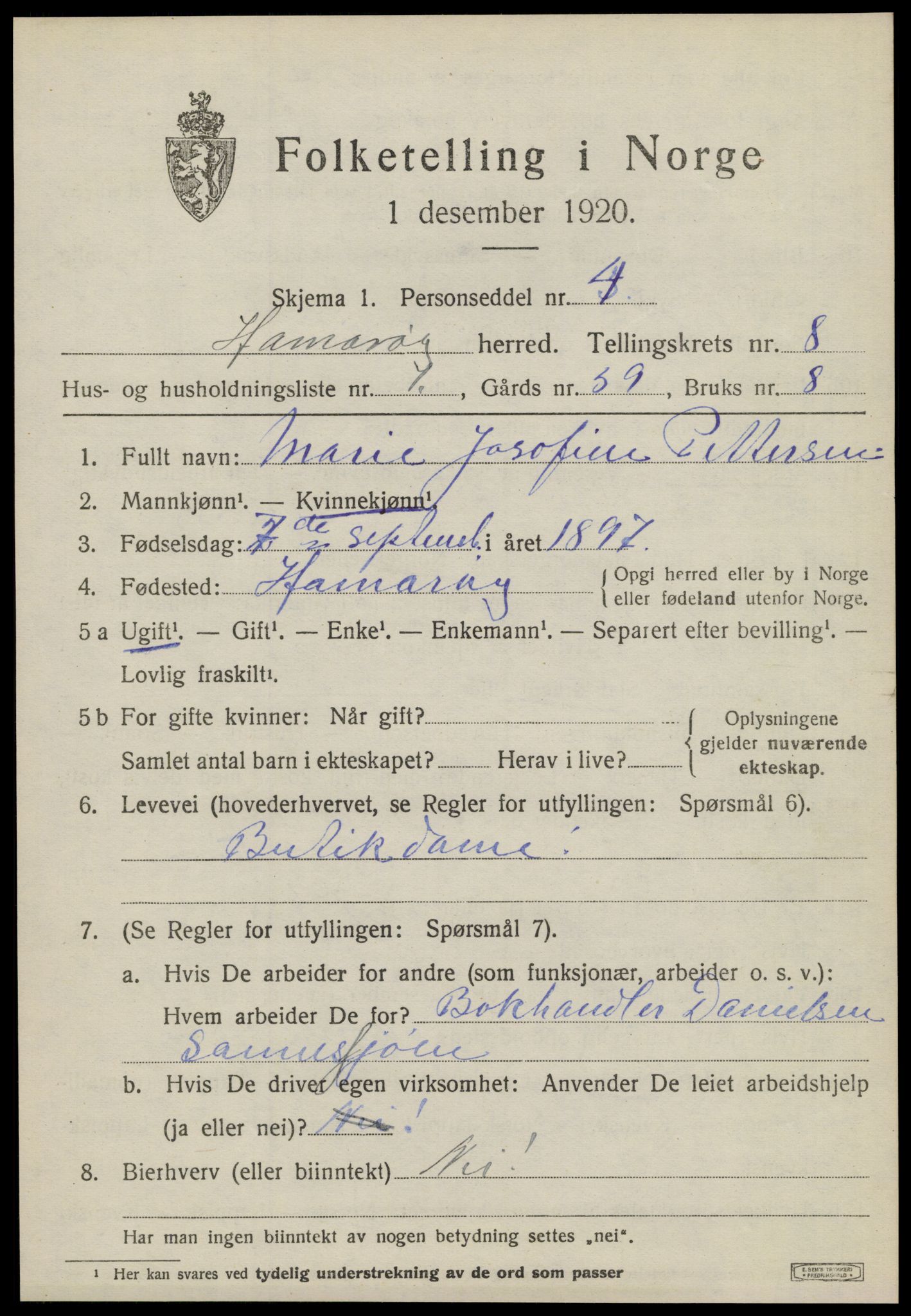 SAT, 1920 census for Hamarøy, 1920, p. 3682