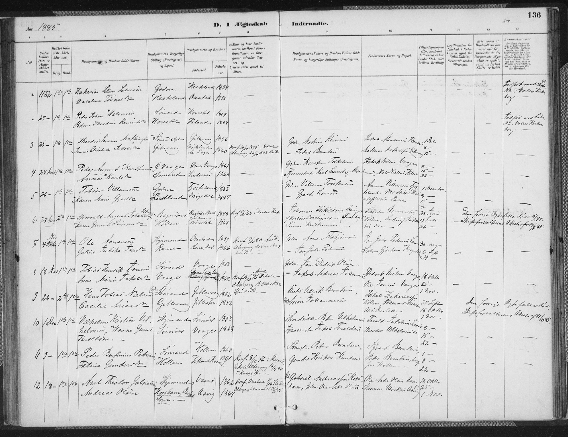 Sør-Audnedal sokneprestkontor, SAK/1111-0039/F/Fa/Faa/L0004: Parish register (official) no. A 4, 1884-1909, p. 136