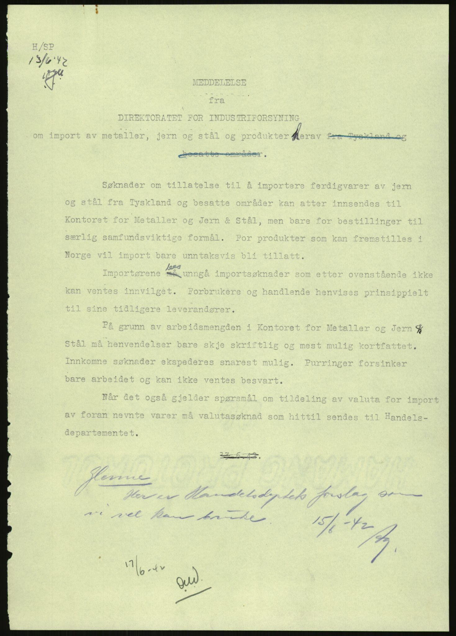 Direktoratet for industriforsyning, Sekretariatet, AV/RA-S-4153/D/Df/L0054: 9. Metallkontoret, 1940-1945, p. 1699