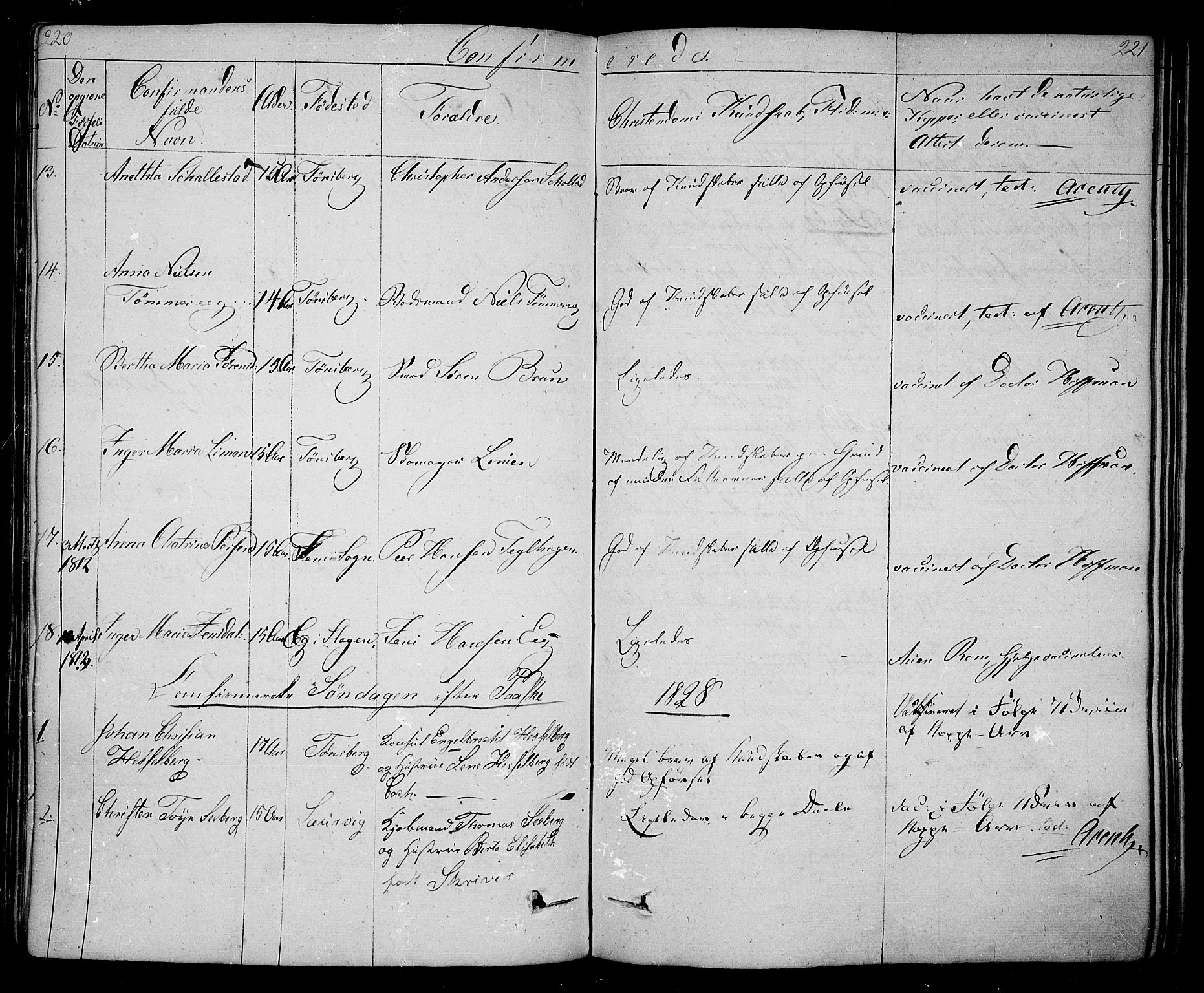 Tønsberg kirkebøker, AV/SAKO-A-330/F/Fa/L0005: Parish register (official) no. I 5, 1827-1836, p. 220-221