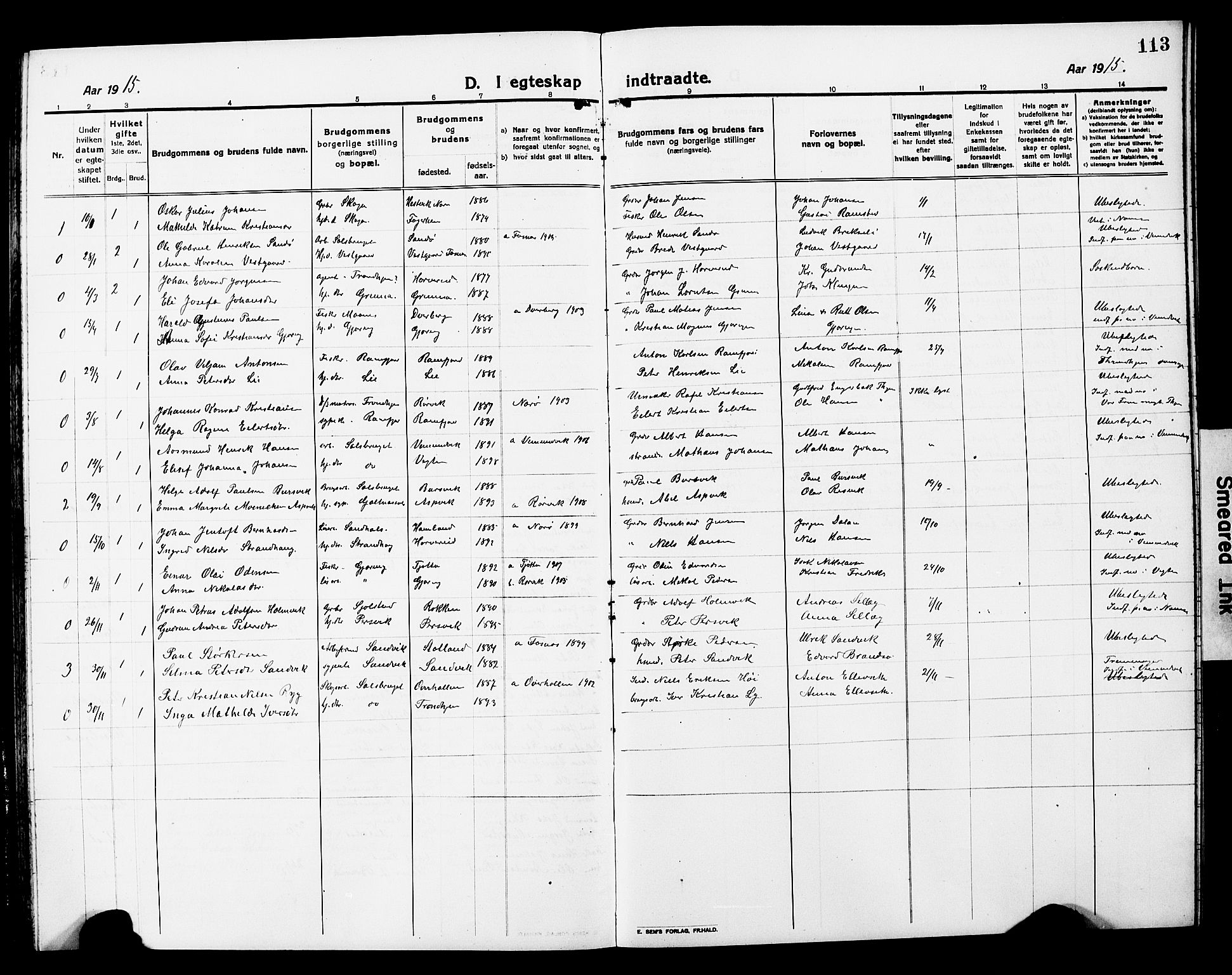 Ministerialprotokoller, klokkerbøker og fødselsregistre - Nord-Trøndelag, SAT/A-1458/780/L0653: Parish register (copy) no. 780C05, 1911-1927, p. 113