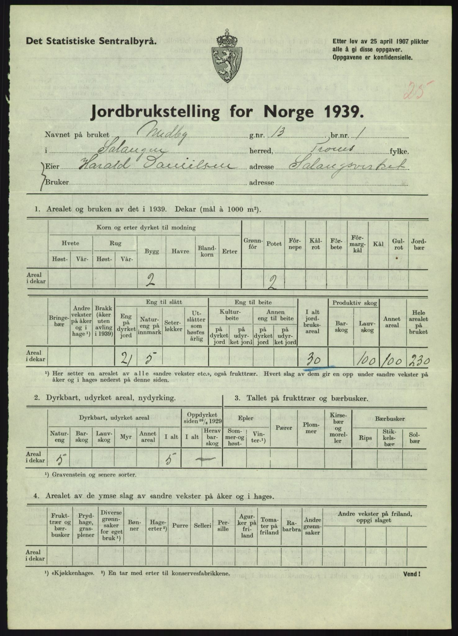 Statistisk sentralbyrå, Næringsøkonomiske emner, Jordbruk, skogbruk, jakt, fiske og fangst, AV/RA-S-2234/G/Gb/L0340: Troms: Salangen og Dyrøy, 1939, p. 259