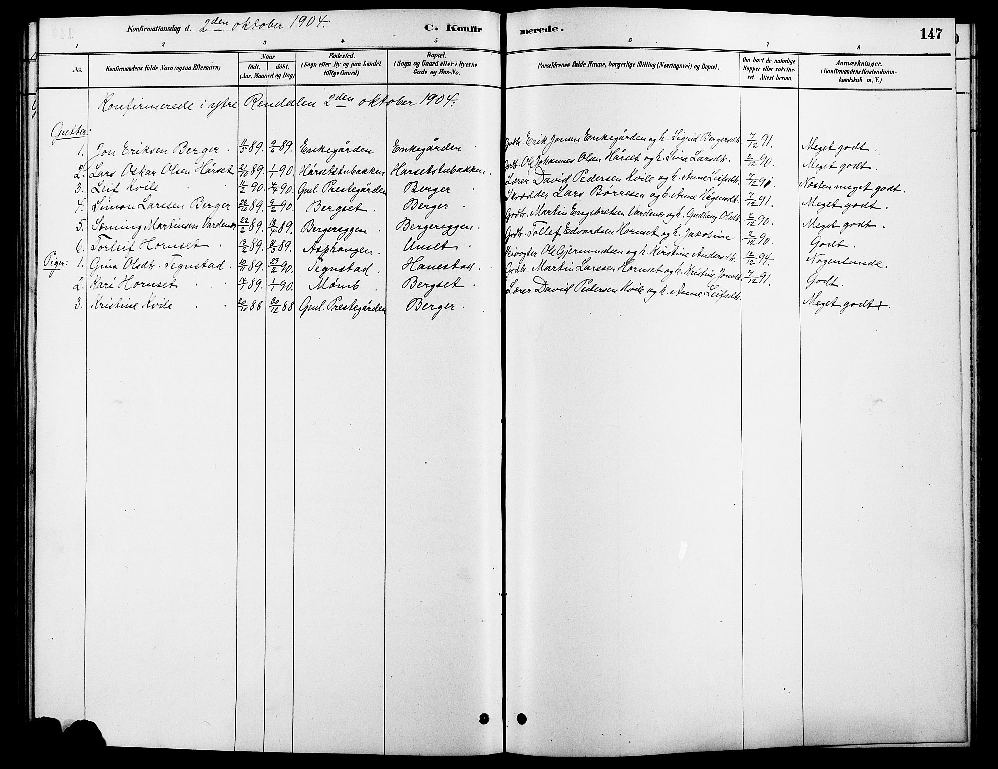 Rendalen prestekontor, SAH/PREST-054/H/Ha/Hab/L0003: Parish register (copy) no. 3, 1879-1904, p. 147