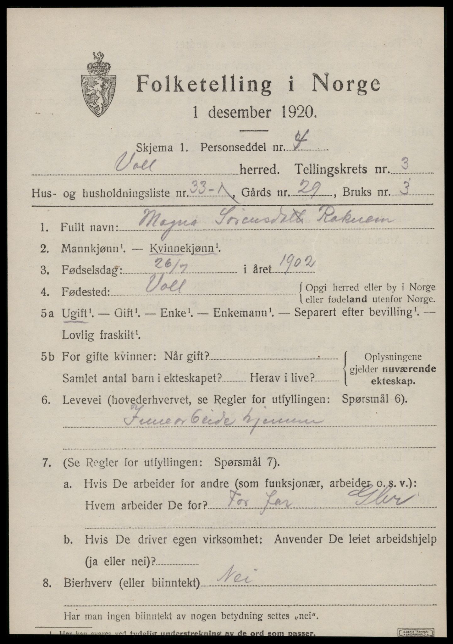 SAT, 1920 census for Voll, 1920, p. 1619