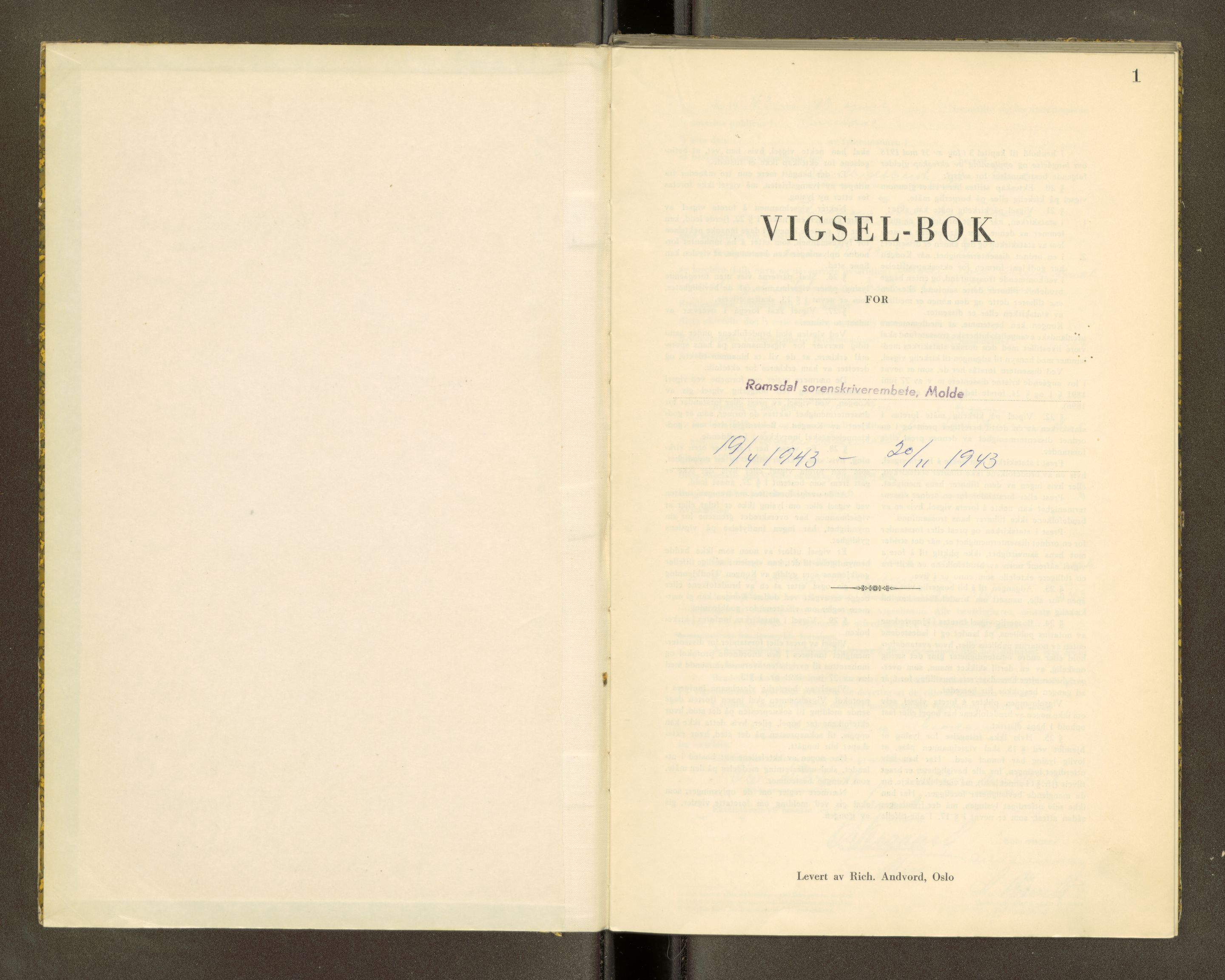 Romsdal sorenskriveri, SAT/A-4149/1/6/6D/L0006: Vigselbok, 1943, p. 1