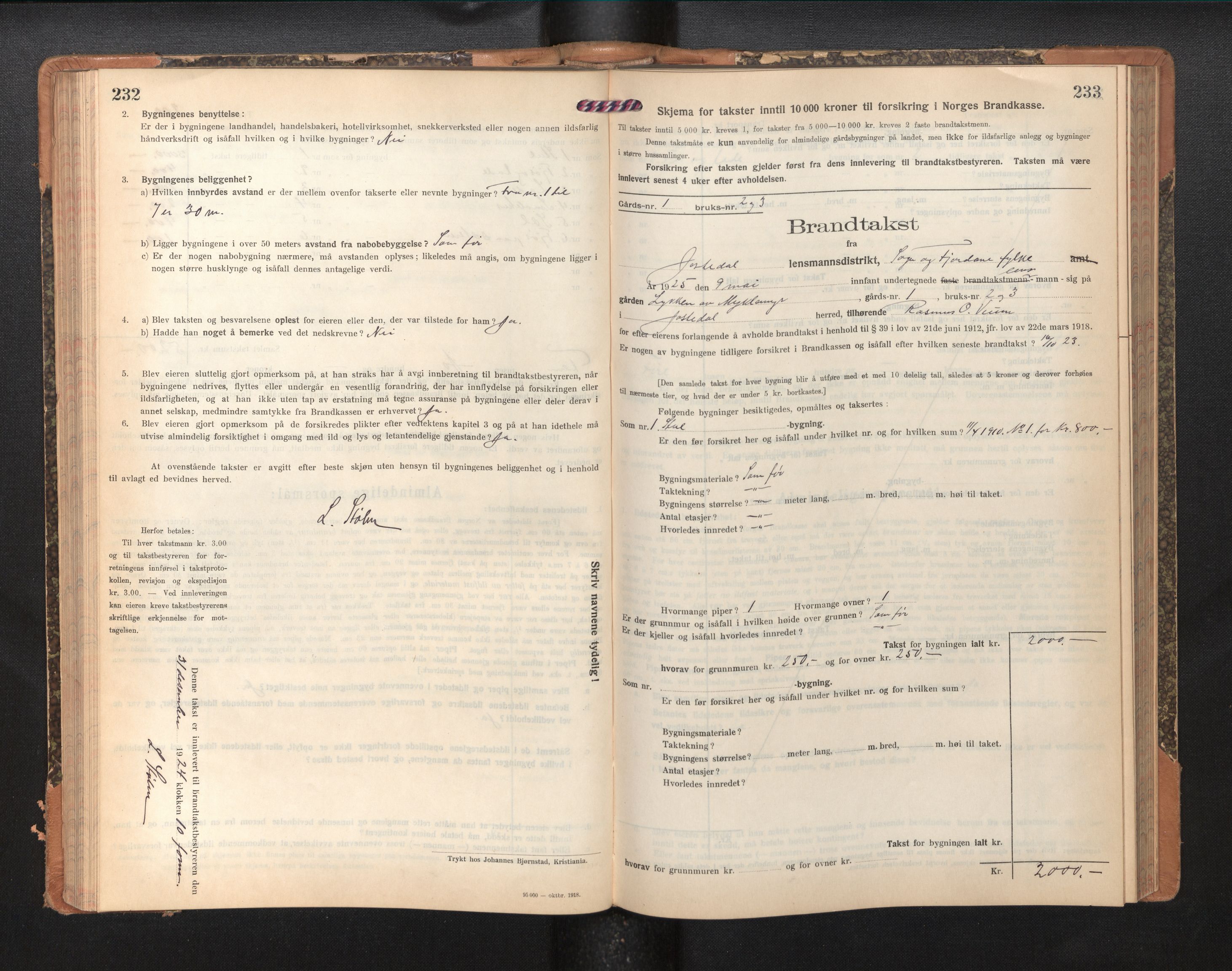 Lensmannen i Jostedal, SAB/A-28601/0012/L0005: Branntakstprotokoll, skjematakst, 1921-1935, p. 232-233