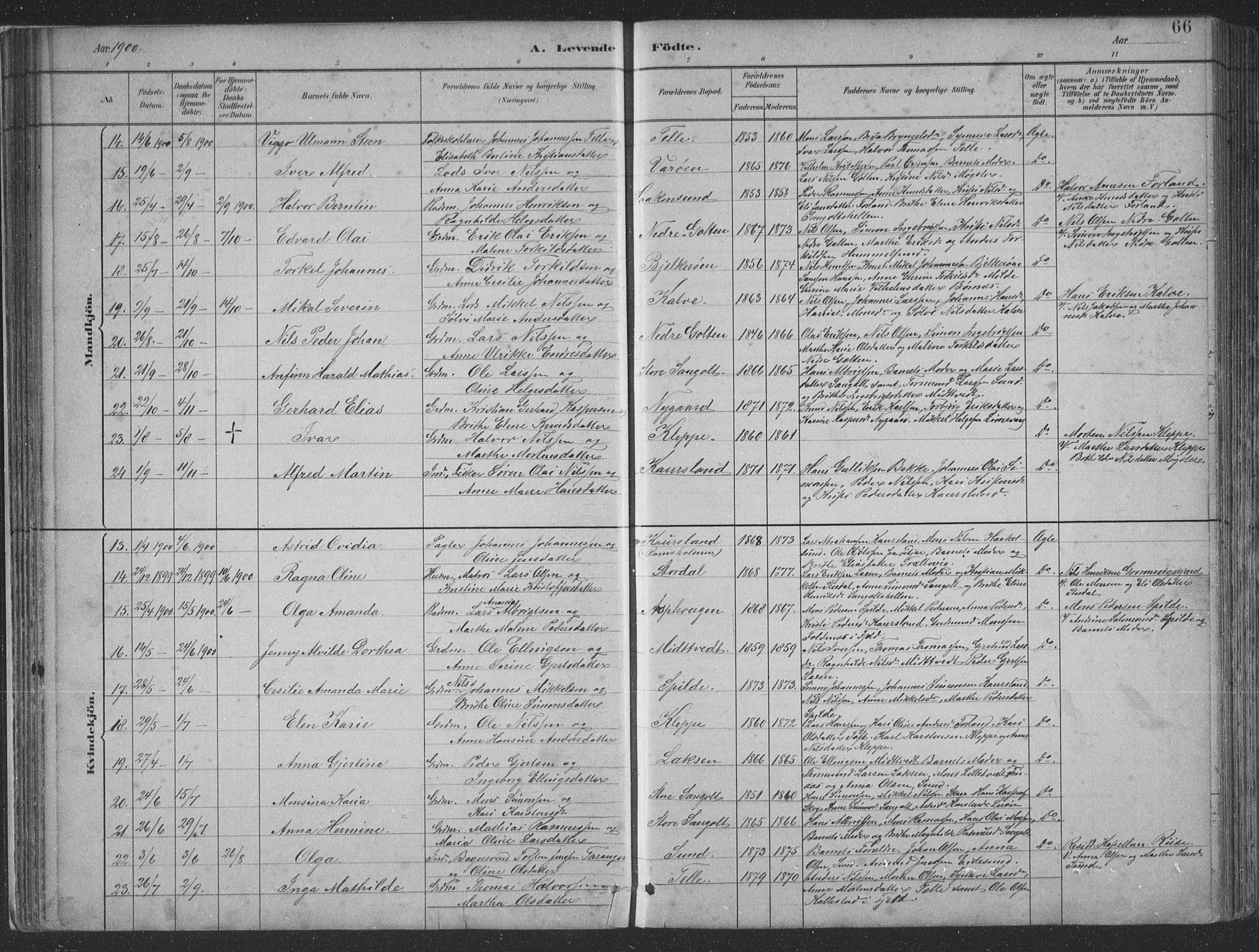 Sund sokneprestembete, AV/SAB-A-99930: Parish register (copy) no. B 3, 1882-1911, p. 66