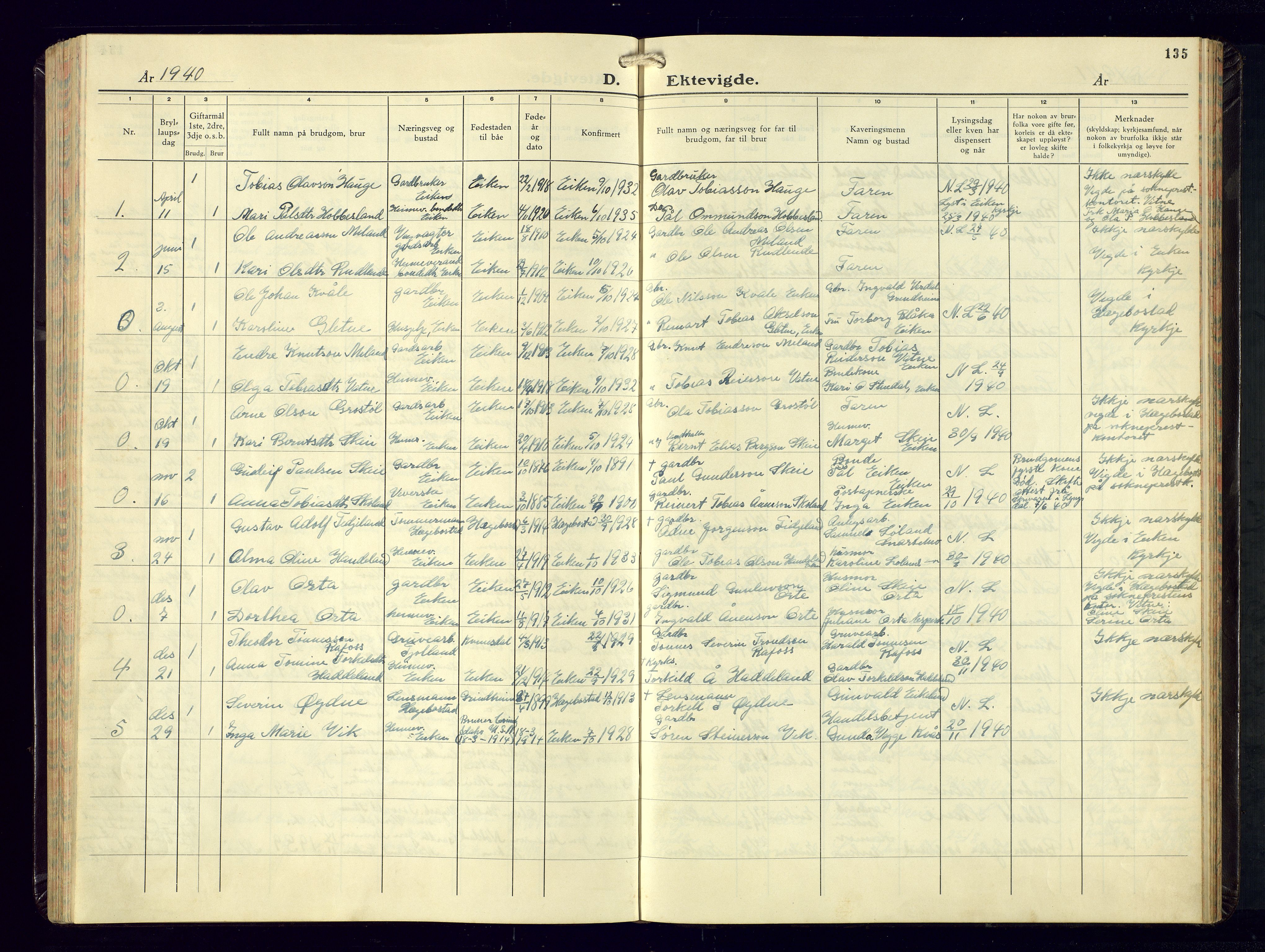 Hægebostad sokneprestkontor, AV/SAK-1111-0024/F/Fb/Fbb/L0004: Parish register (copy) no. B-4, 1938-1976, p. 135