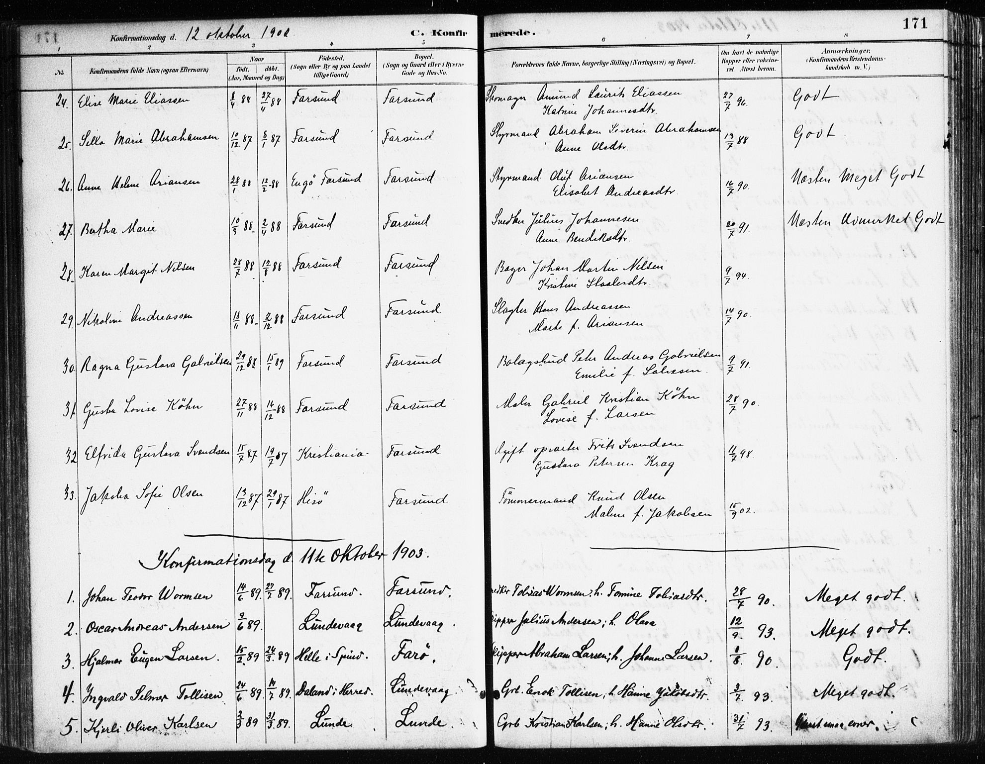 Farsund sokneprestkontor, SAK/1111-0009/F/Fa/L0006: Parish register (official) no. A 6, 1887-1920, p. 171