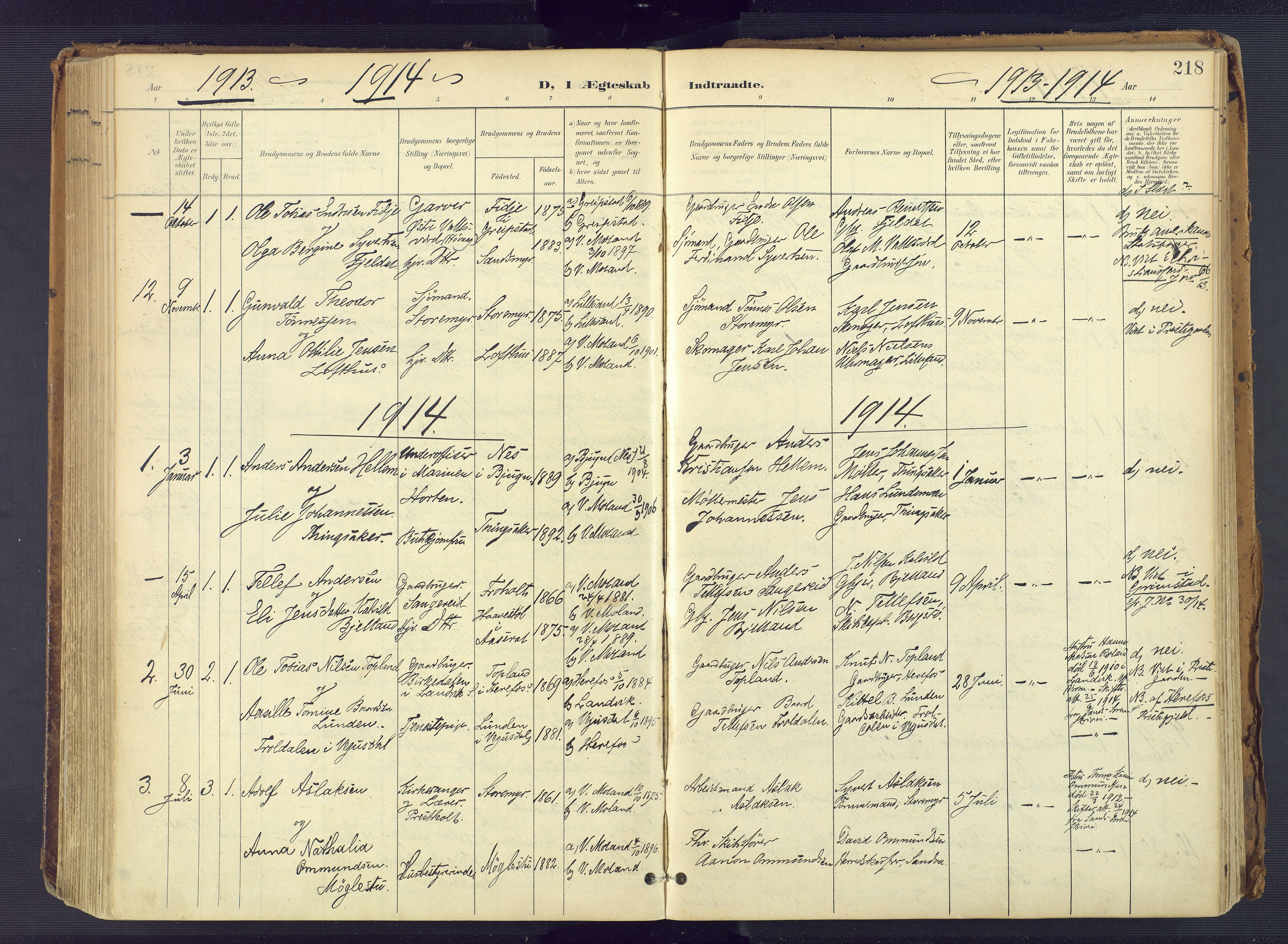 Vestre Moland sokneprestkontor, SAK/1111-0046/F/Fa/Fab/L0010: Parish register (official) no. A 10, 1900-1926, p. 218