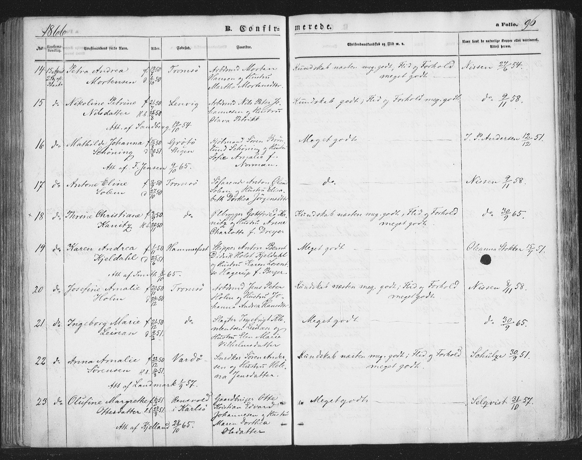 Tromsø sokneprestkontor/stiftsprosti/domprosti, AV/SATØ-S-1343/G/Ga/L0012kirke: Parish register (official) no. 12, 1865-1871, p. 96