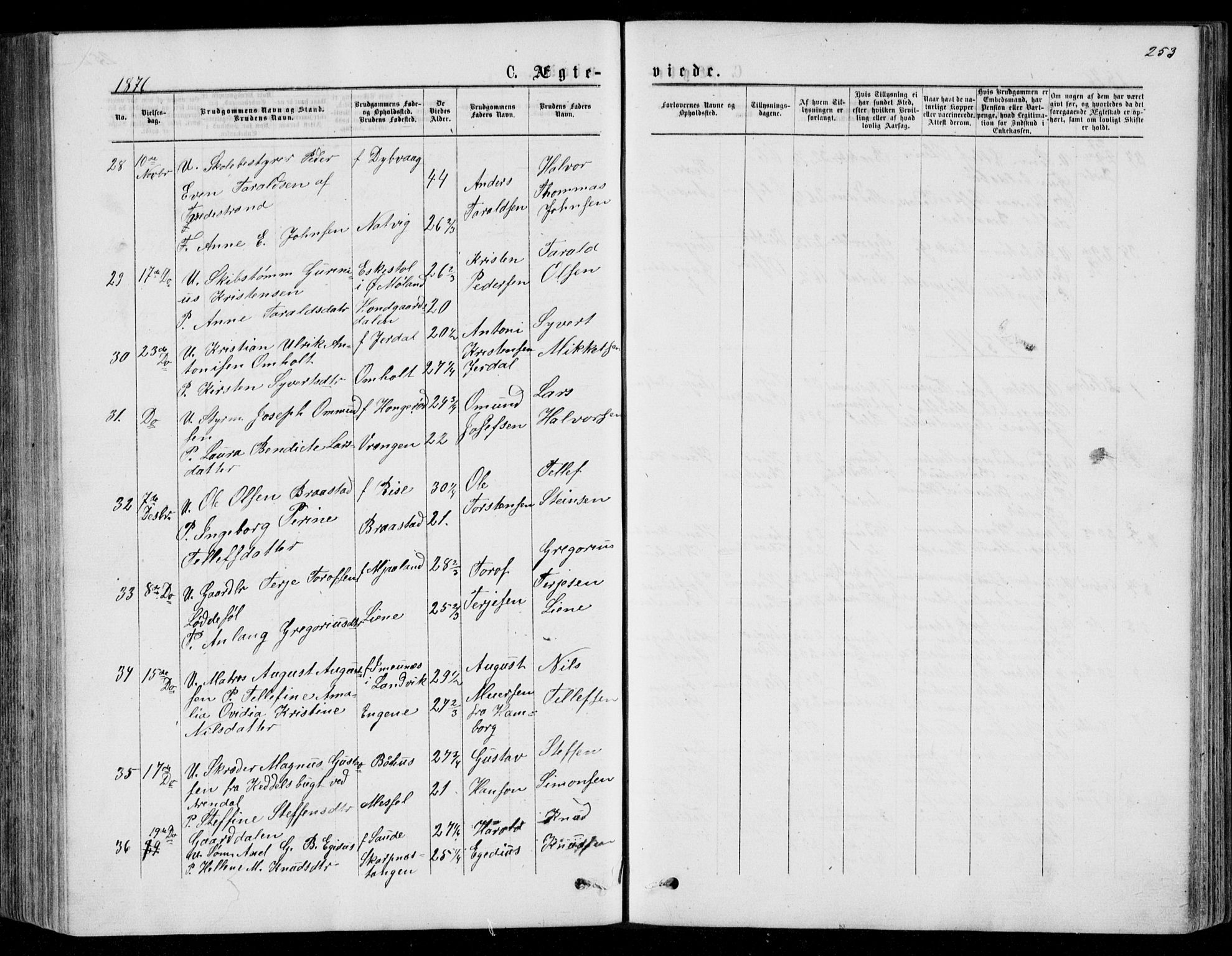 Øyestad sokneprestkontor, AV/SAK-1111-0049/F/Fb/L0008: Parish register (copy) no. B 8, 1872-1886, p. 253