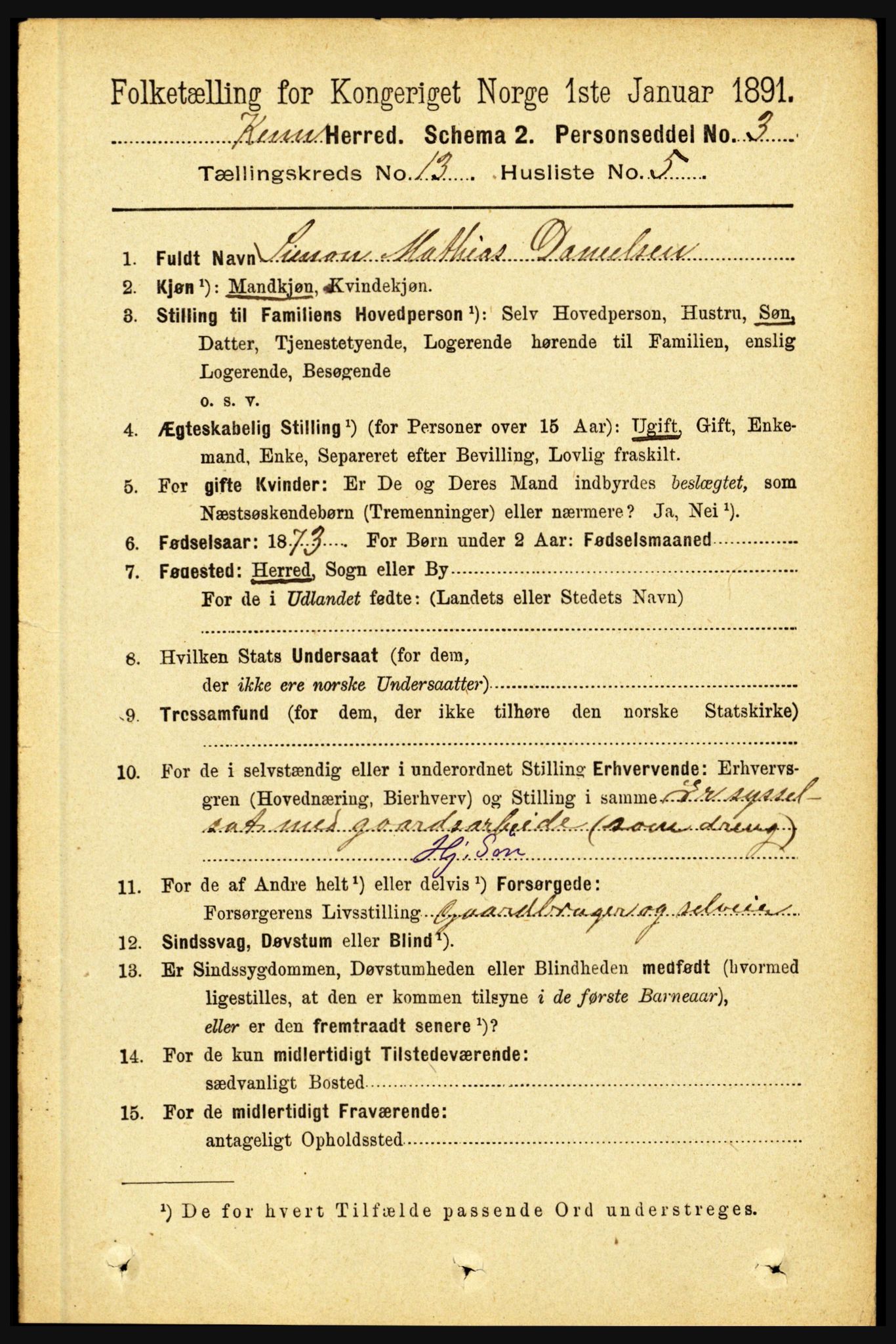 RA, 1891 census for 1437 Kinn, 1891, p. 5078