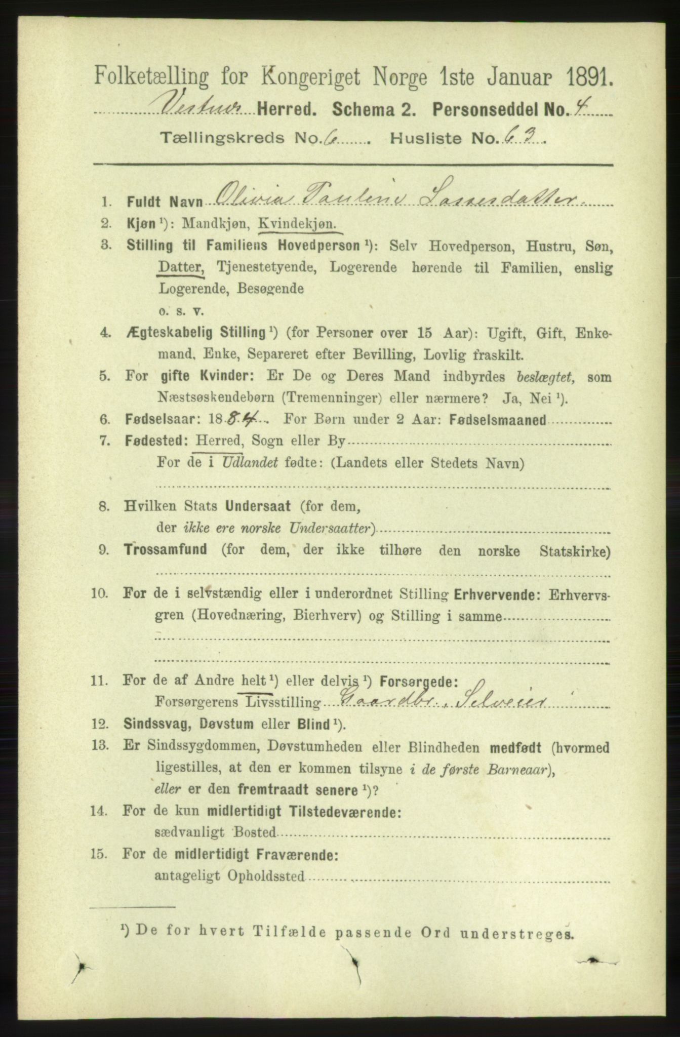 RA, 1891 census for 1535 Vestnes, 1891, p. 2562