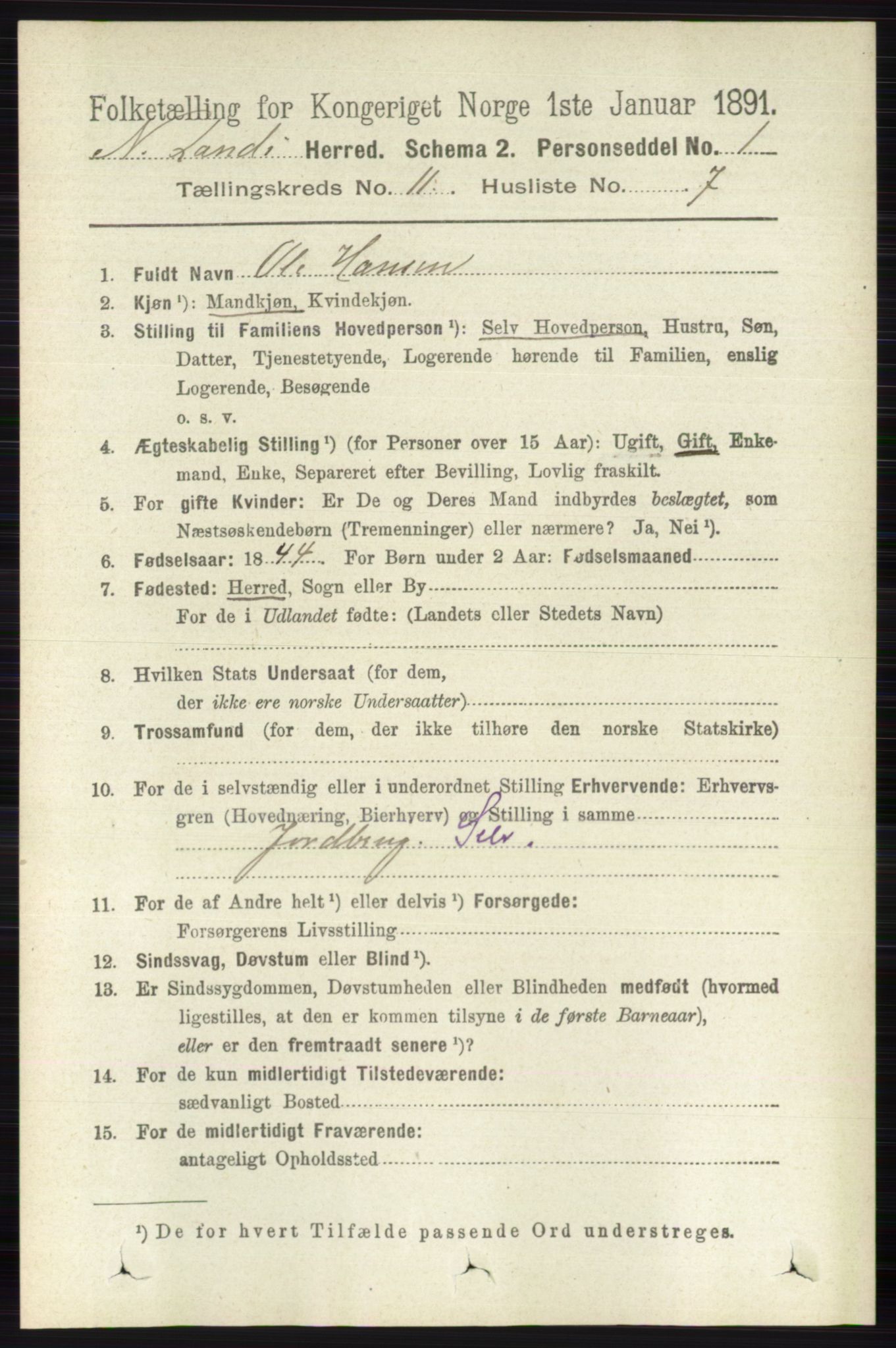 RA, 1891 census for 0538 Nordre Land, 1891, p. 3070