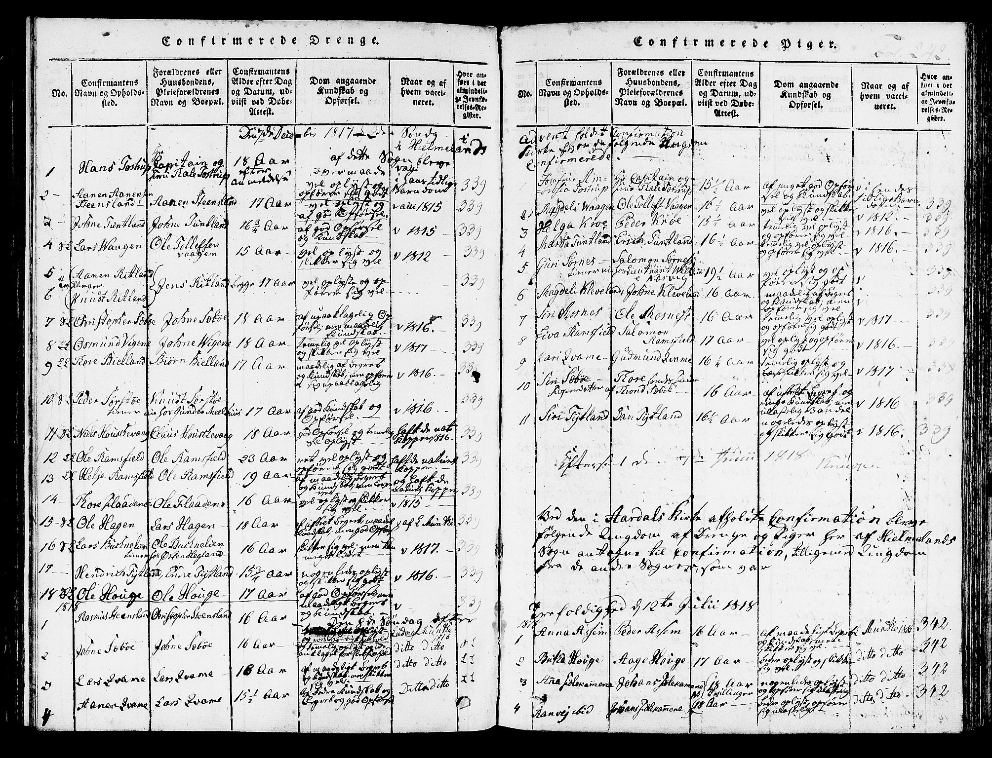 Hjelmeland sokneprestkontor, SAST/A-101843/01/IV/L0003: Parish register (official) no. A 3, 1816-1834, p. 242