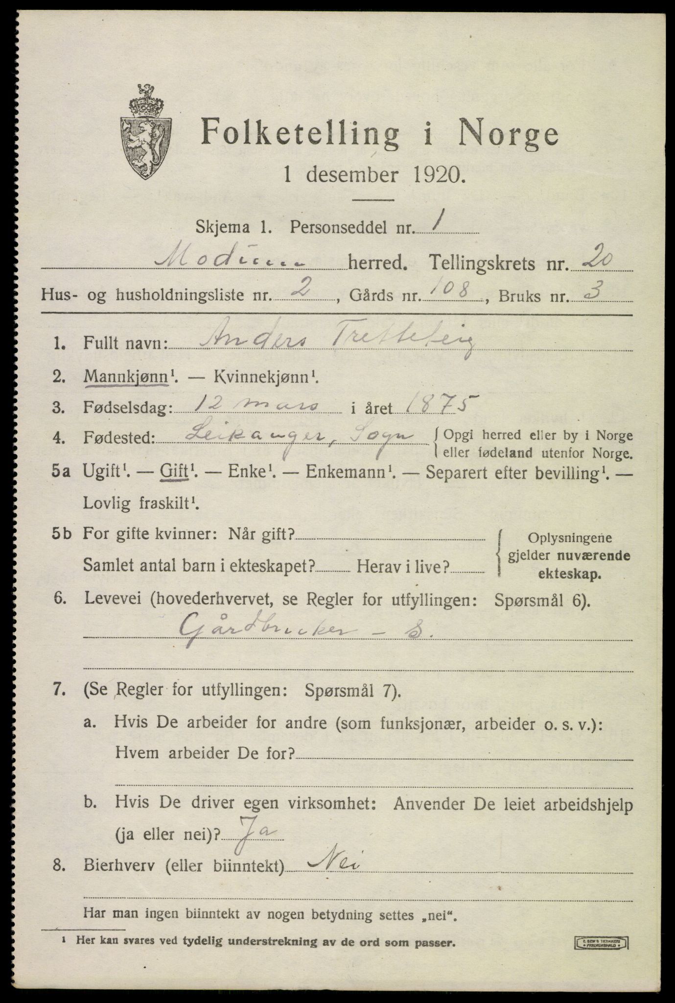 SAKO, 1920 census for Modum, 1920, p. 22107