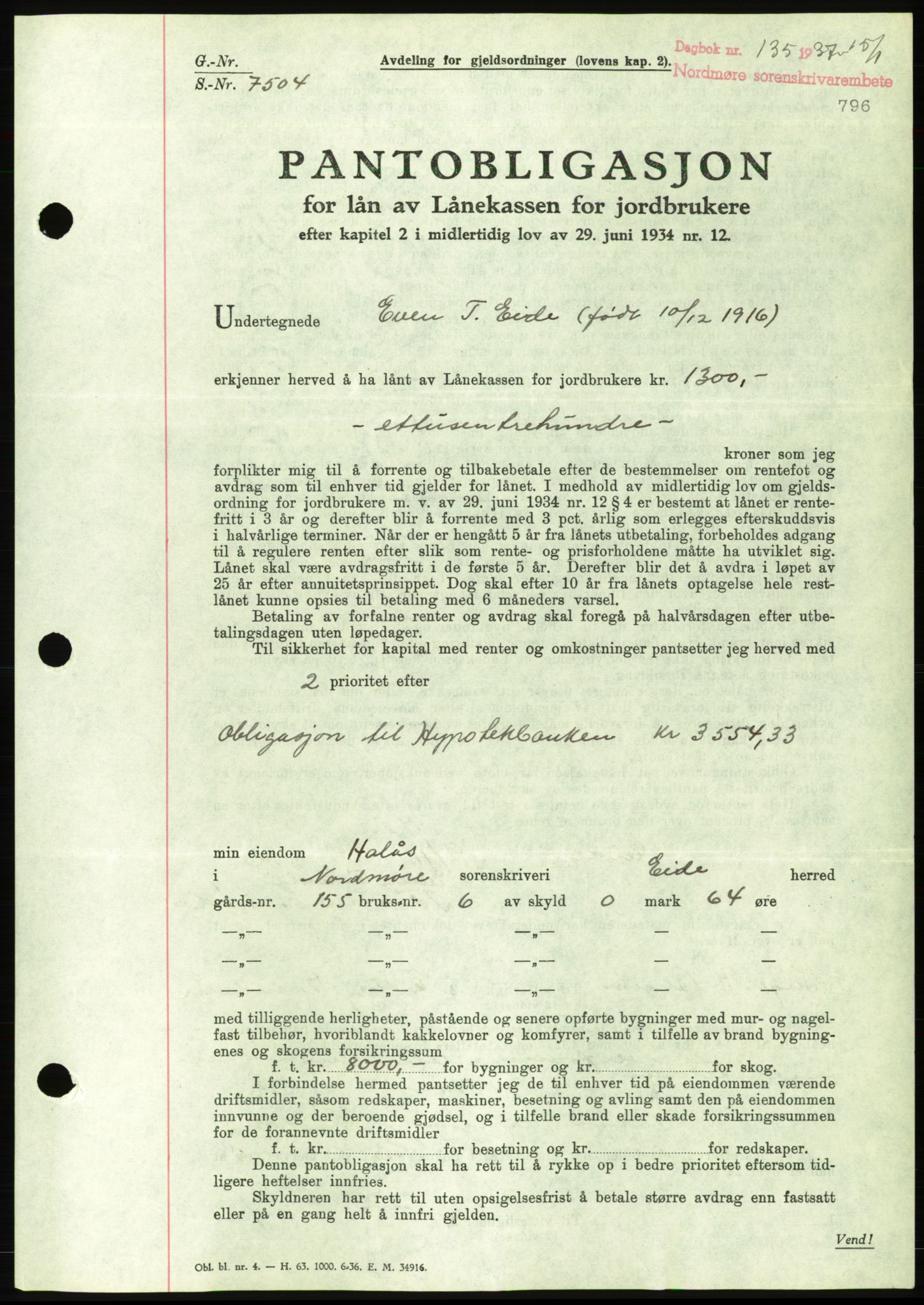 Nordmøre sorenskriveri, AV/SAT-A-4132/1/2/2Ca/L0090: Mortgage book no. B80, 1936-1937, Diary no: : 135/1937