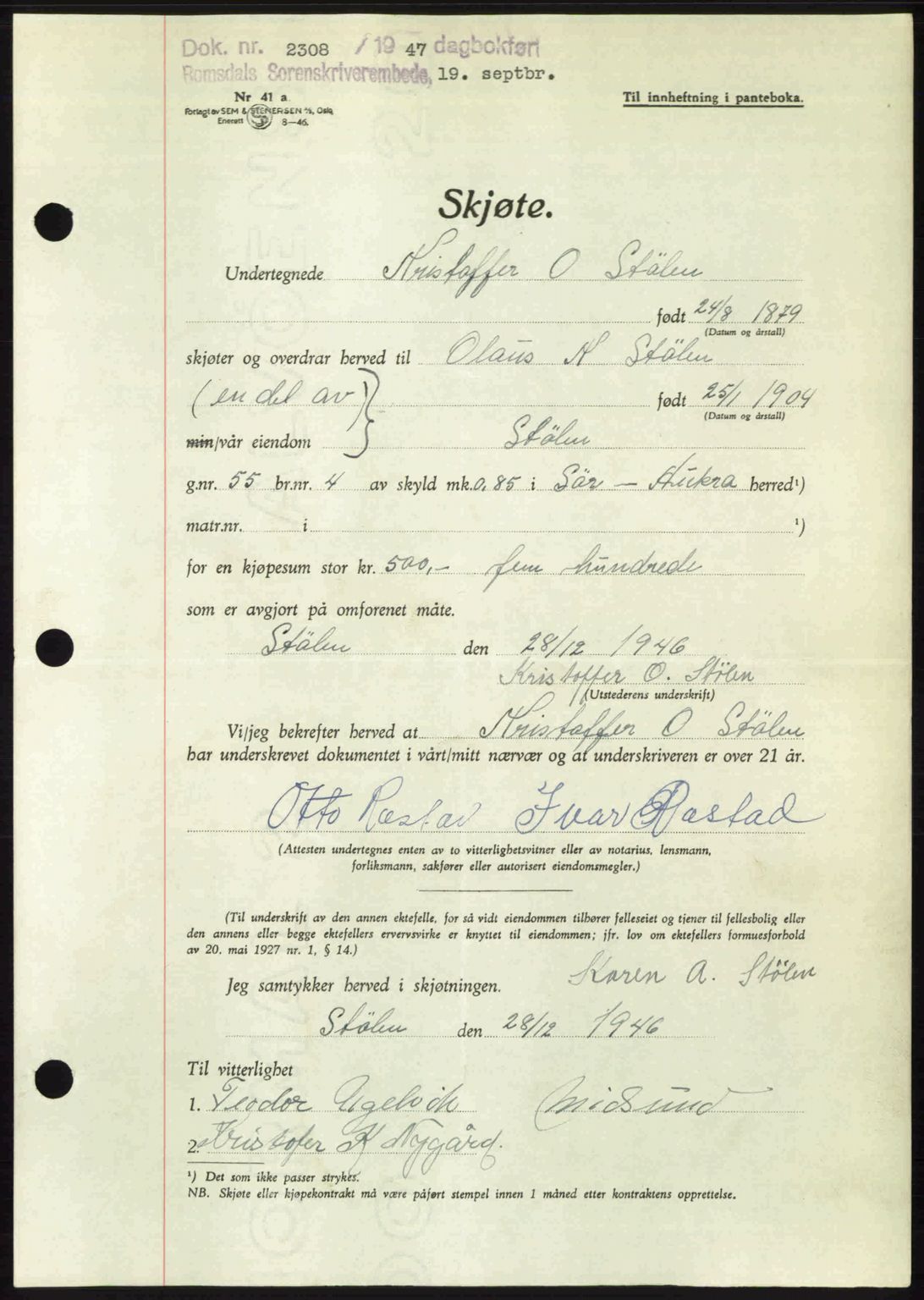 Romsdal sorenskriveri, AV/SAT-A-4149/1/2/2C: Mortgage book no. A24, 1947-1947, Diary no: : 2308/1947