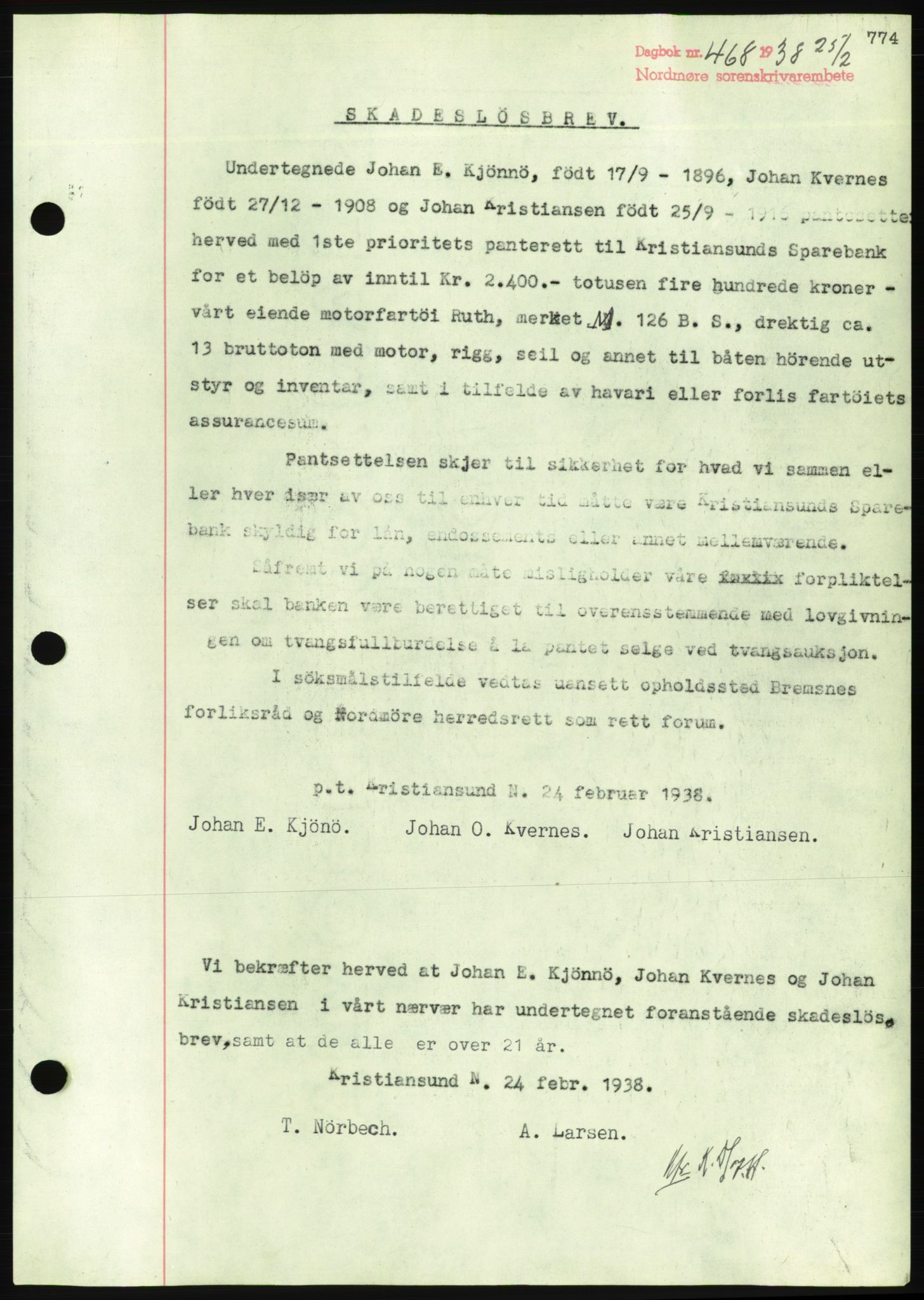 Nordmøre sorenskriveri, AV/SAT-A-4132/1/2/2Ca/L0092: Mortgage book no. B82, 1937-1938, Diary no: : 468/1938