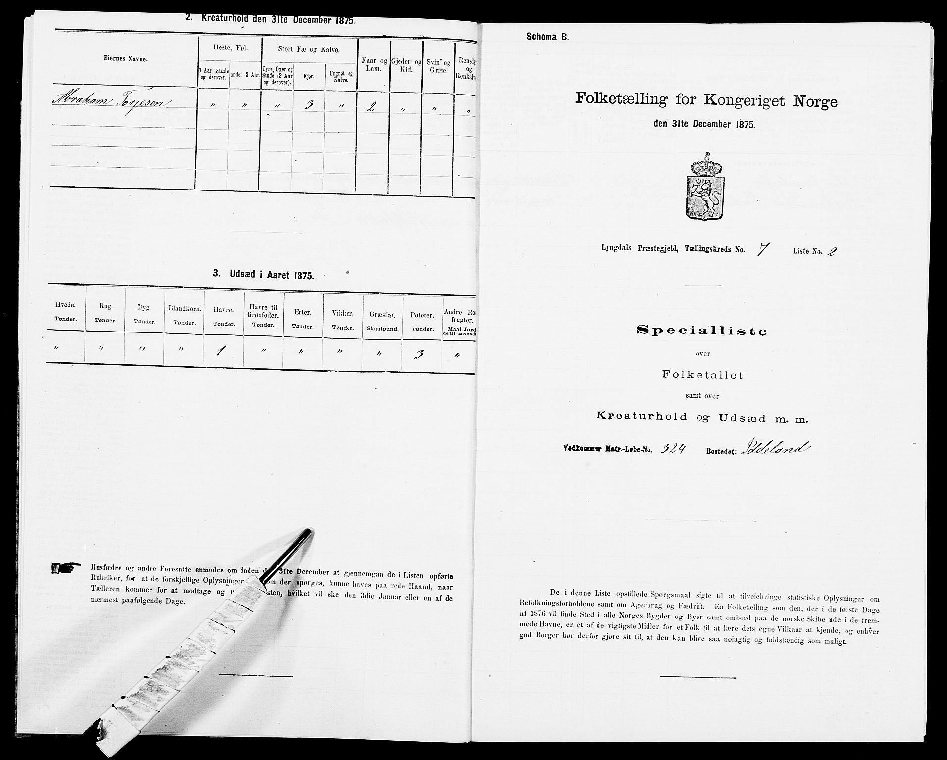 SAK, 1875 census for 1032P Lyngdal, 1875, p. 1102