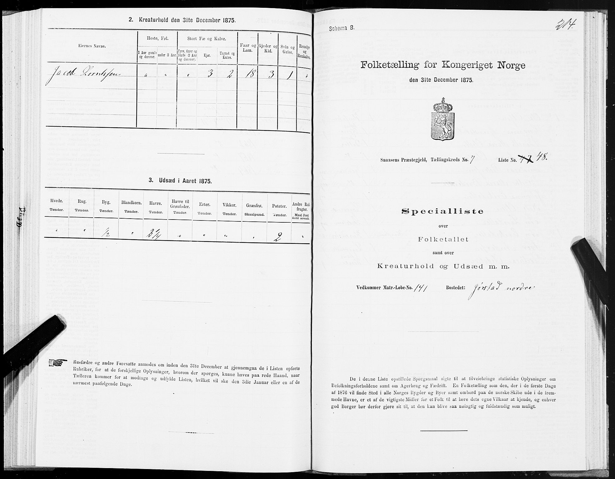 SAT, 1875 census for 1736P Snåsa, 1875, p. 3214