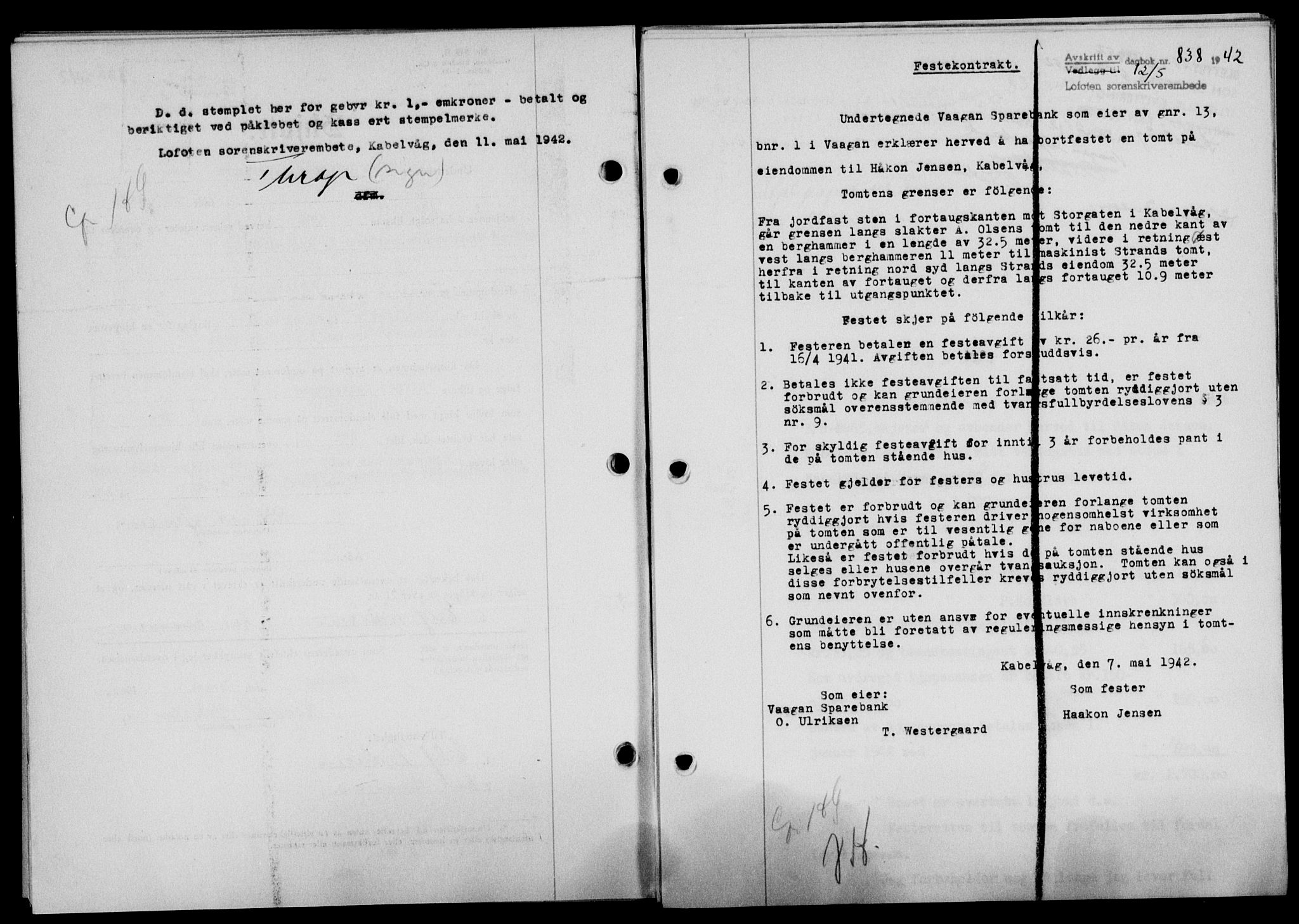 Lofoten sorenskriveri, SAT/A-0017/1/2/2C/L0009a: Mortgage book no. 9a, 1941-1942, Diary no: : 838/1942