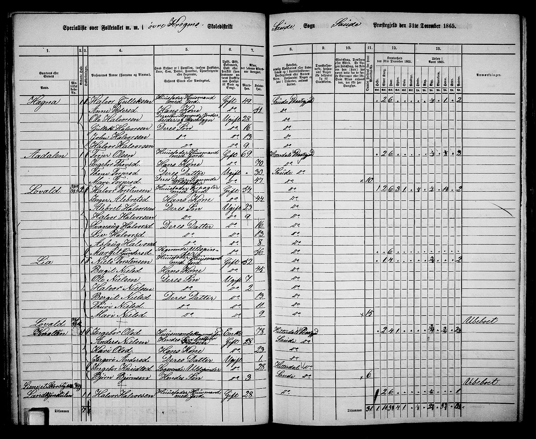 RA, 1865 census for Sauherad, 1865, p. 36