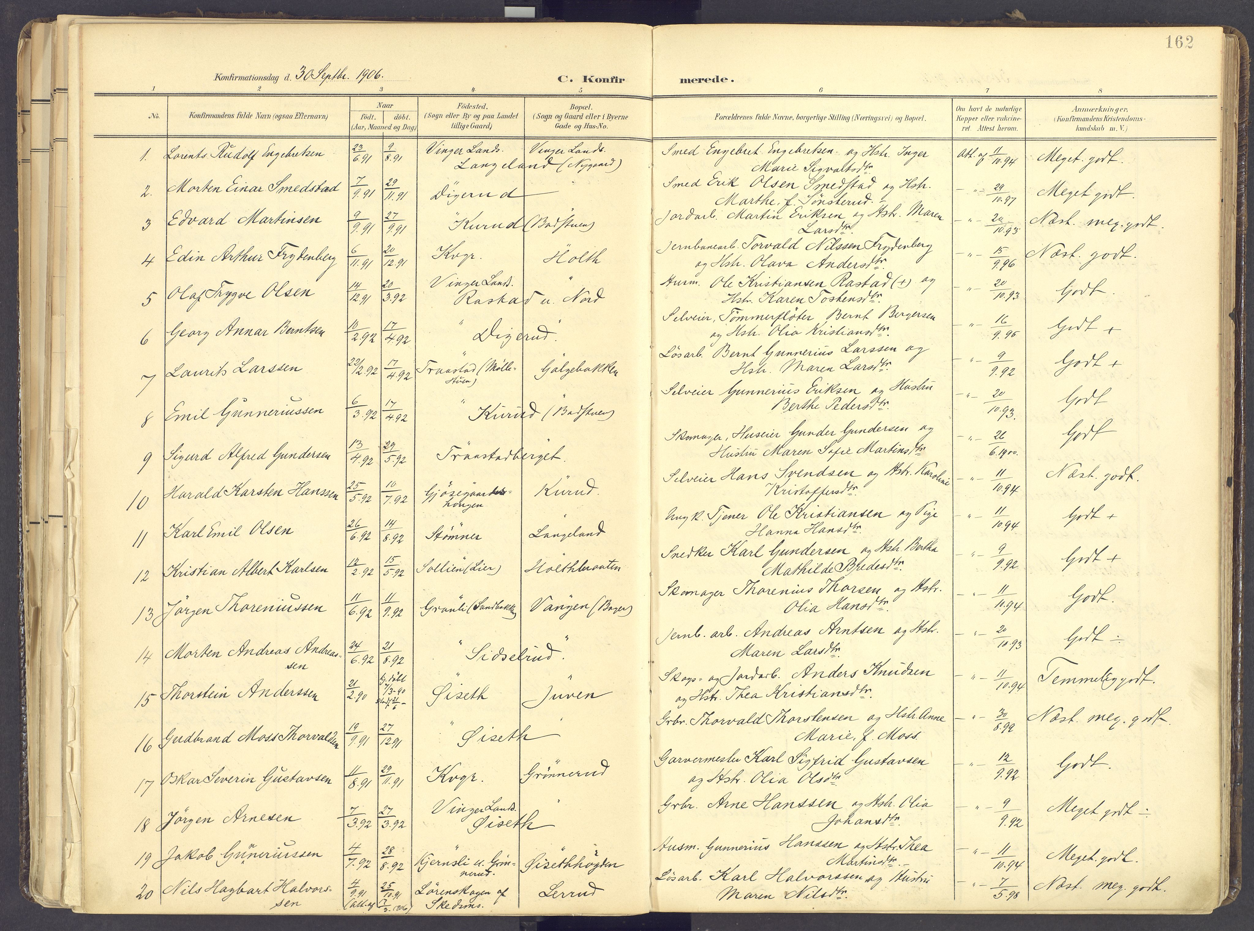 Vinger prestekontor, AV/SAH-PREST-024/H/Ha/Haa/L0017: Parish register (official) no. 17, 1901-1927, p. 162