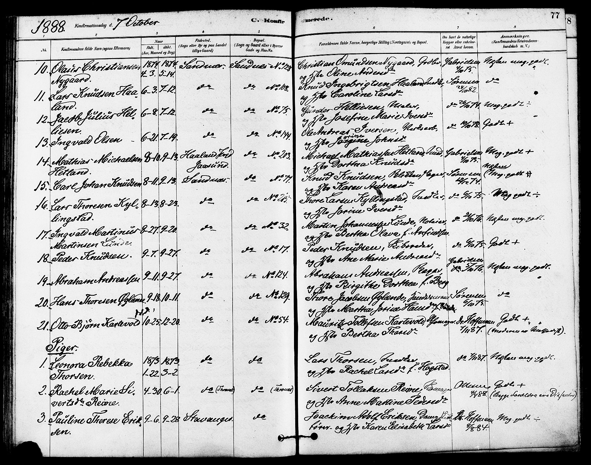 Høyland sokneprestkontor, SAST/A-101799/001/30BA/L0012: Parish register (official) no. A 11, 1878-1889, p. 77