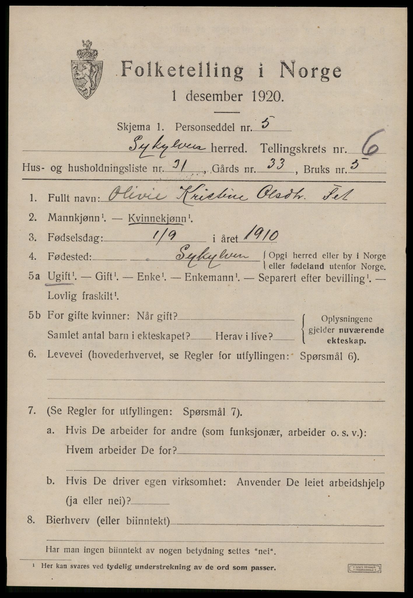 SAT, 1920 census for Sykkylven, 1920, p. 4003