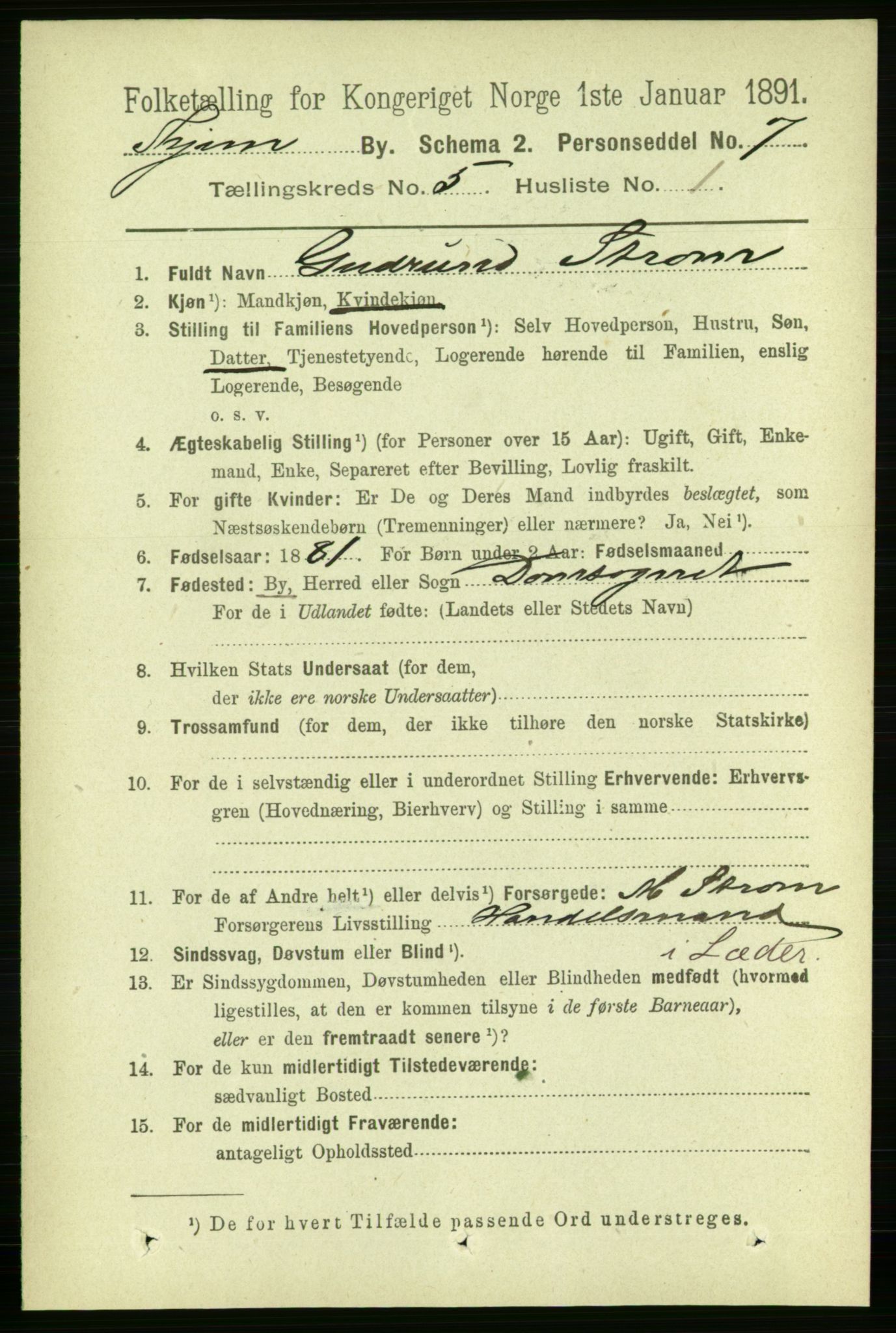 RA, 1891 census for 1601 Trondheim, 1891, p. 4645