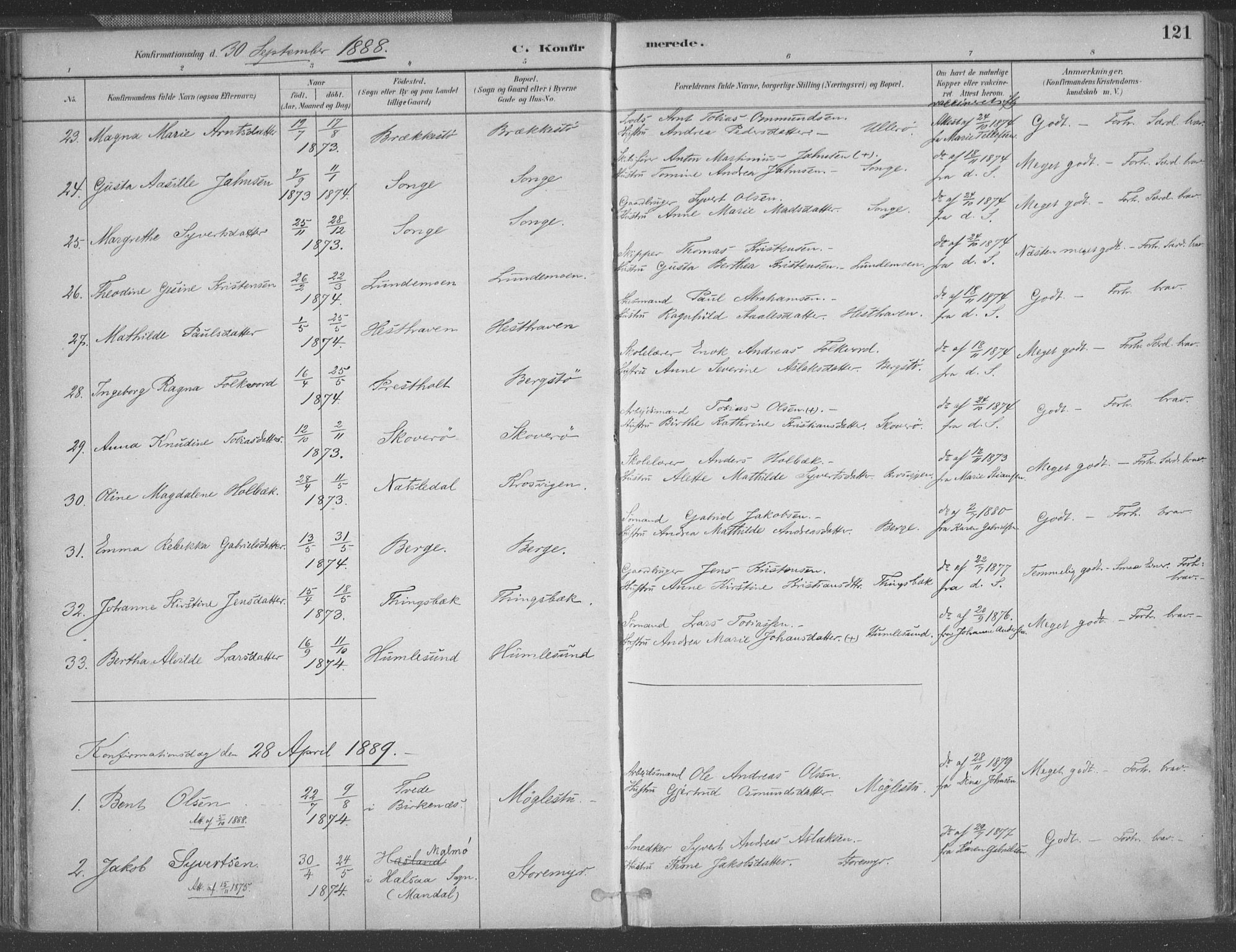 Vestre Moland sokneprestkontor, AV/SAK-1111-0046/F/Fa/Fab/L0009: Parish register (official) no. A 9, 1884-1899, p. 121