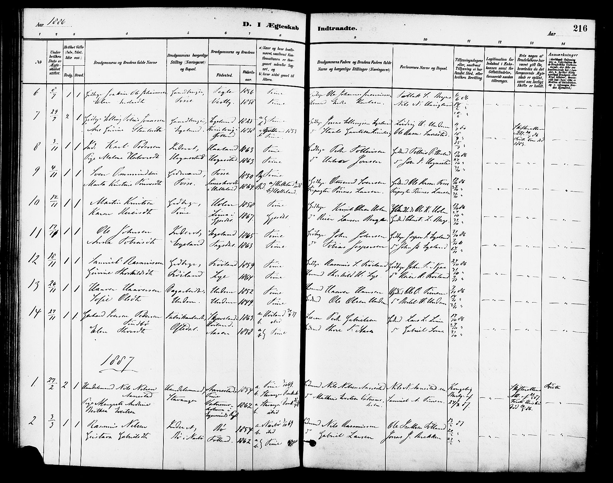 Lye sokneprestkontor, SAST/A-101794/001/30BA/L0009: Parish register (official) no. A 8, 1881-1892, p. 216