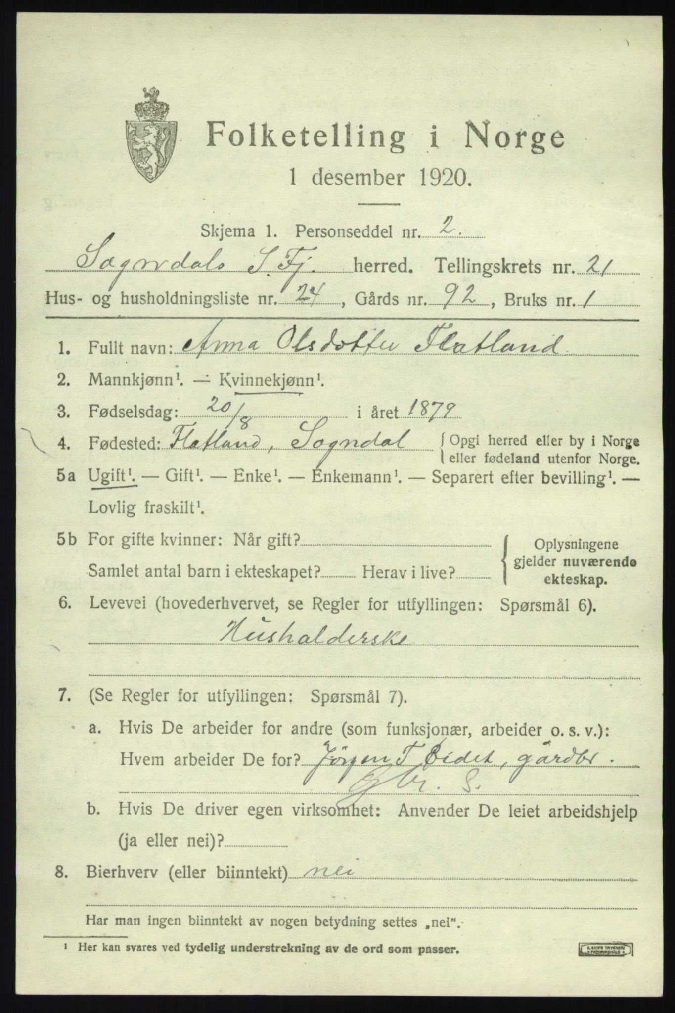 SAB, 1920 census for Sogndal, 1920, p. 7943