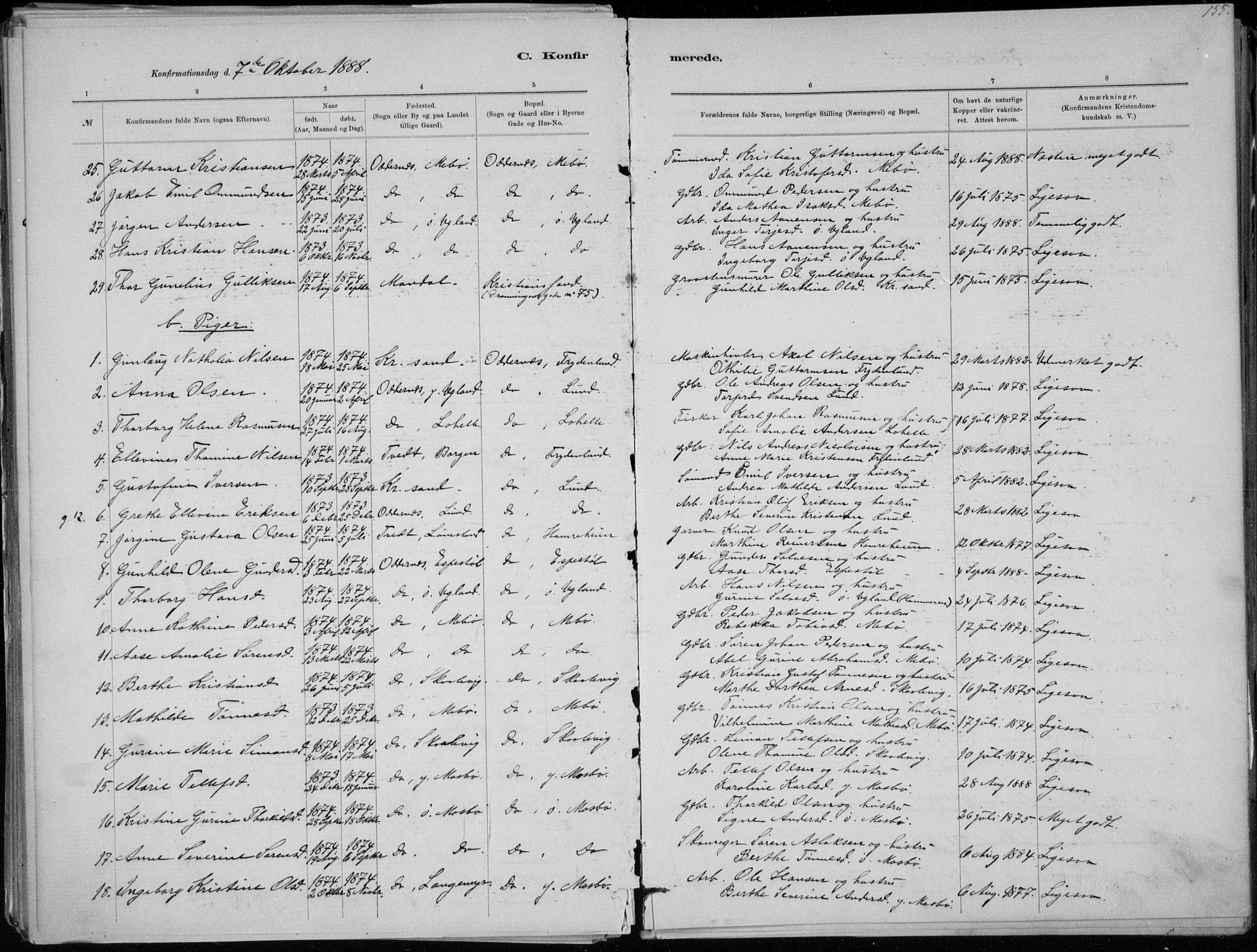 Oddernes sokneprestkontor, SAK/1111-0033/F/Fa/Faa/L0009: Parish register (official) no. A 9, 1884-1896, p. 155