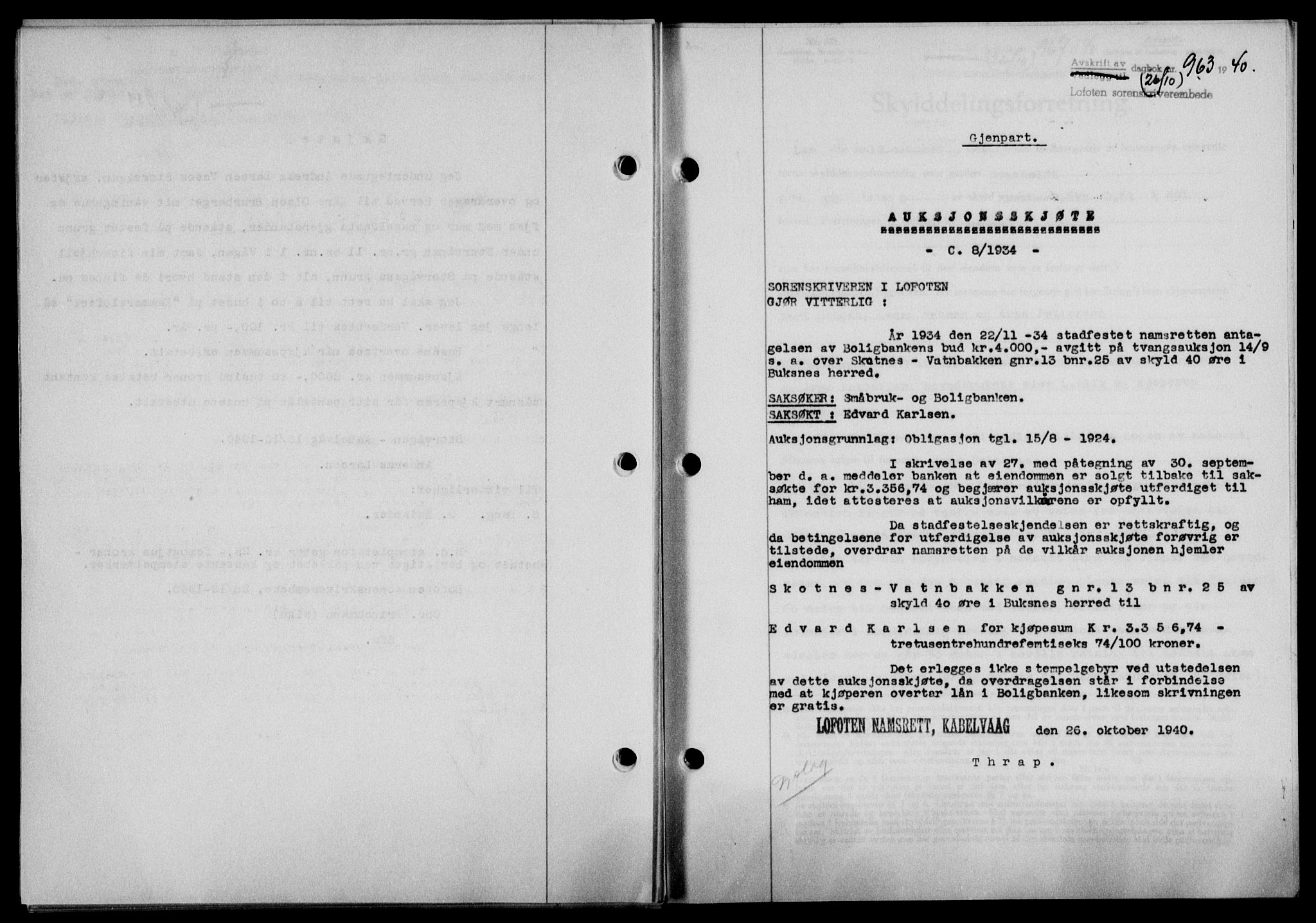 Lofoten sorenskriveri, SAT/A-0017/1/2/2C/L0007a: Mortgage book no. 7a, 1939-1940, Diary no: : 963/1940